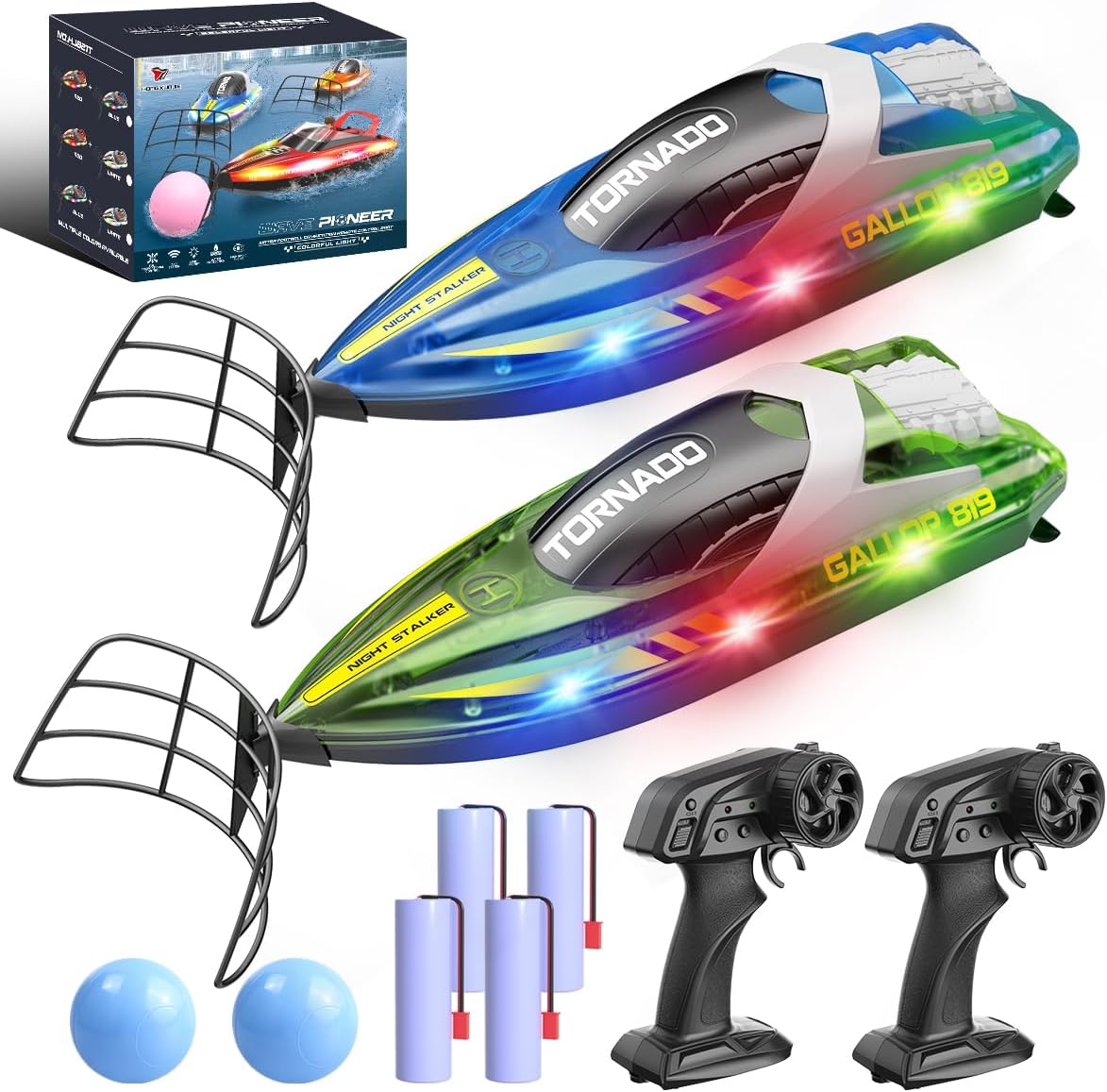 RC Boat 2 Pack Remote Control Boats for Kids & Adults,15KM/H Twin-Screw Waterproof RC Boats with 2.4GHz Remote,LED Lights, One-Key Flip,Dual Speed Modes,4 Rechargeable Batteries,Pool & Lake Racing