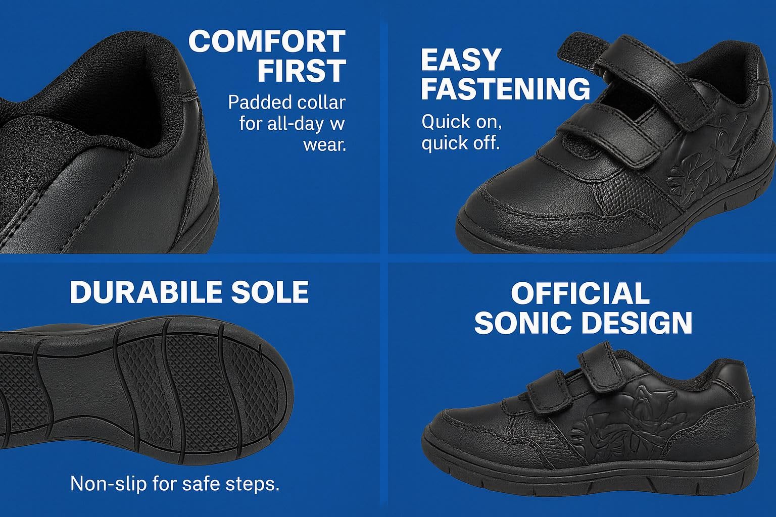 SONIC THE HEDGEHOG Zapatos escolares para niños con licencia oficial con correa de velcro negro con diseño sónico en relieve, suela antideslizante, acolchada, cómoda, duradera, construcción del Reino