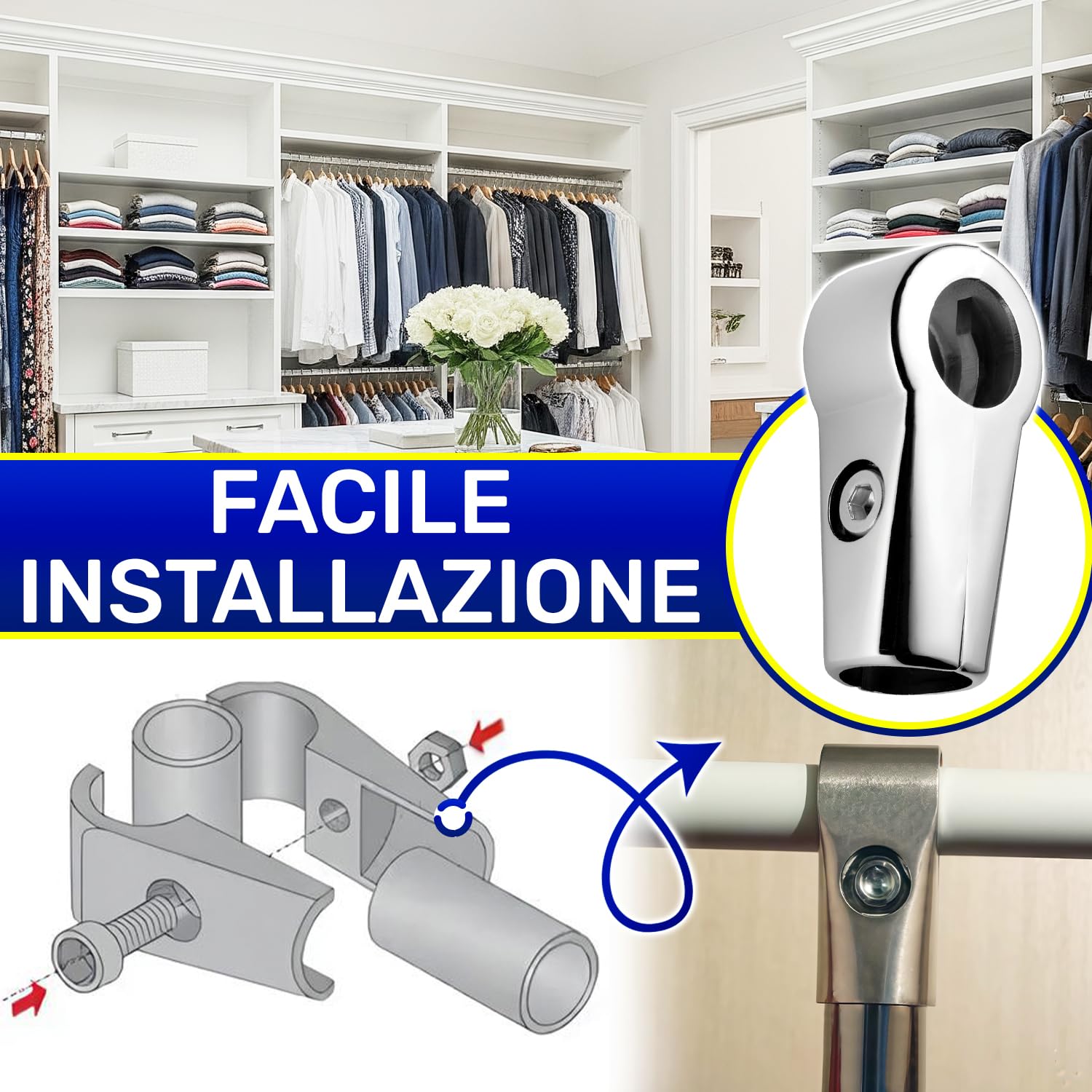 2 Pezzi Porta Tubo a Forma di T Ø25 x 84 mm è Cromato ed è Adatto per Struttura Cabina Armadio Componibile - Garanzia di 10 Anni - MONTERAL