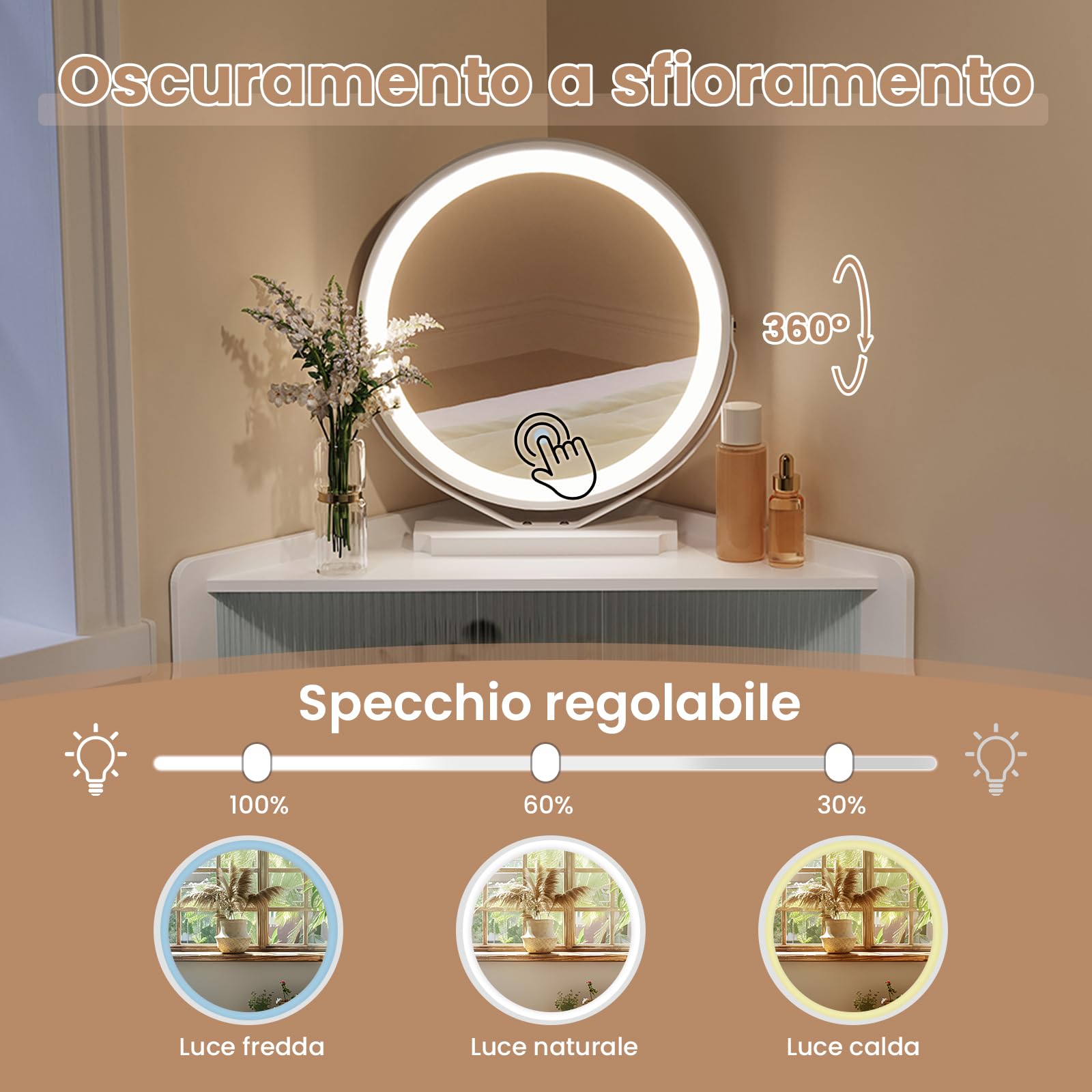 WOLTU Toeletta ad Angolo con Luce, Specchio Dimmerabile, Tavolo da Toilette, 2 Cassetti, 1 Ripiano con Divisorio in Vetro, Tavolino Salvaspazio, Gambe in Metallo, Bianco