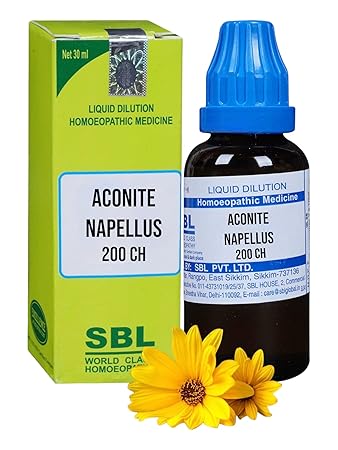 A picture of bottle and packet of SBL Aconite Napellus 200CH Homeopathic Medicine