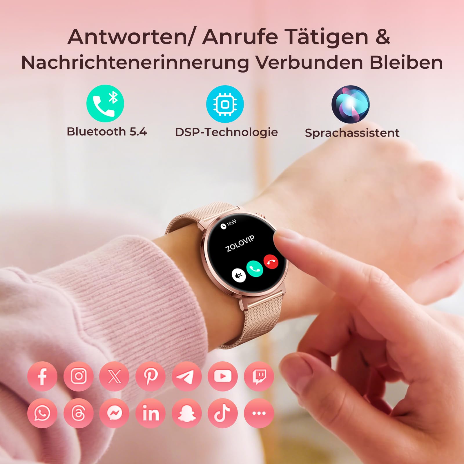 Damen-Smartwatch m. rundem kompaktem Design ultradünne Fitnessuhr für Frauen Damen-Fitnessuhr mit Schrittzähler & Anruf, IP68 wasserdicht, 1,32-Zoll-AMOLED, Android/iOS kompatibel, Gold