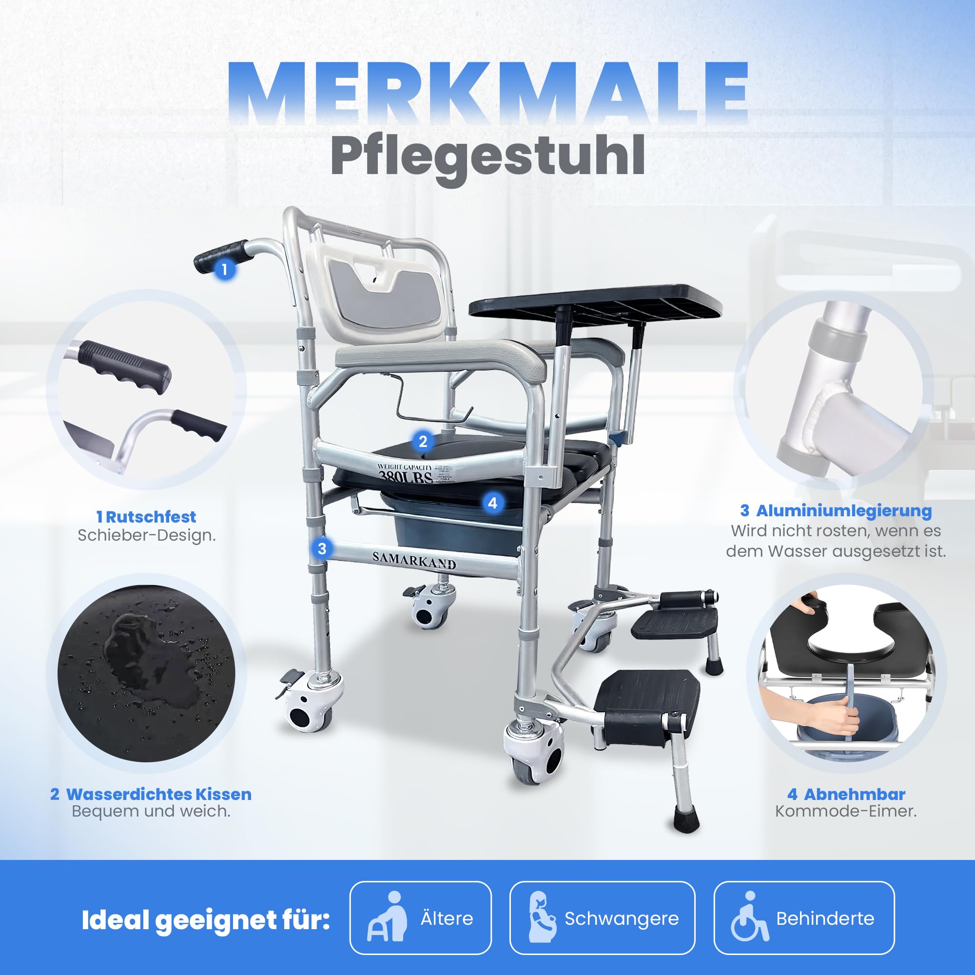 Toilettenstuhl Für Senioren 3-1 Tablett & Toilettenhocker – Duschstuhl Mit Rollen Erwachsene, Komfortabler Toilettenstühle – Toilettenstuhl Fahrbar Alltag, Pflege, Bad Duschrollstuhl Nachtstuhl