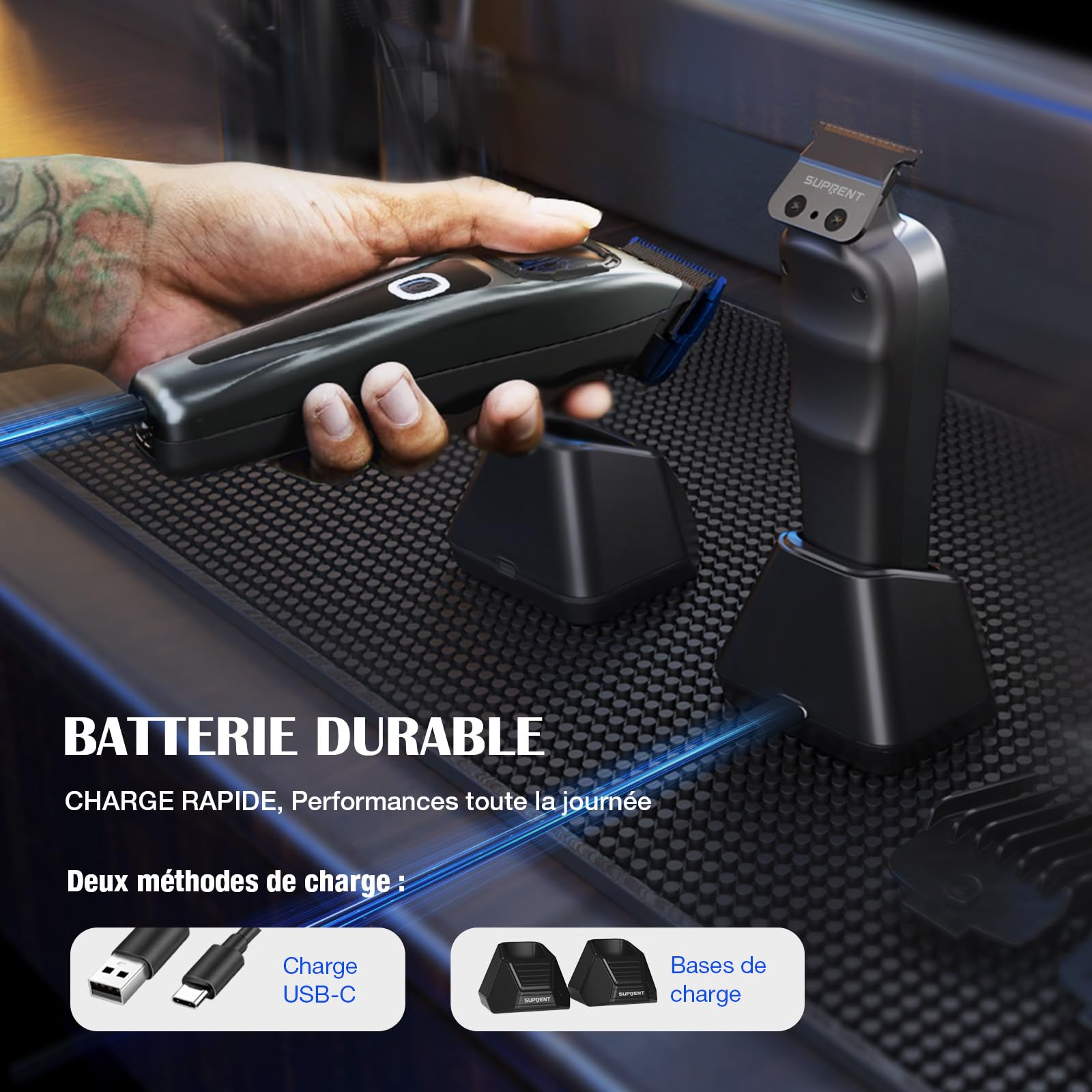 SUPRENT Tondeuse à cheveux professionnelle pour homme - Lame fade revêtue de titane - Lame en T réglable Zero-Gap - 5 niveaux de longueur - Peignes de guidage magnétiques - Batterie 2500 mAh et