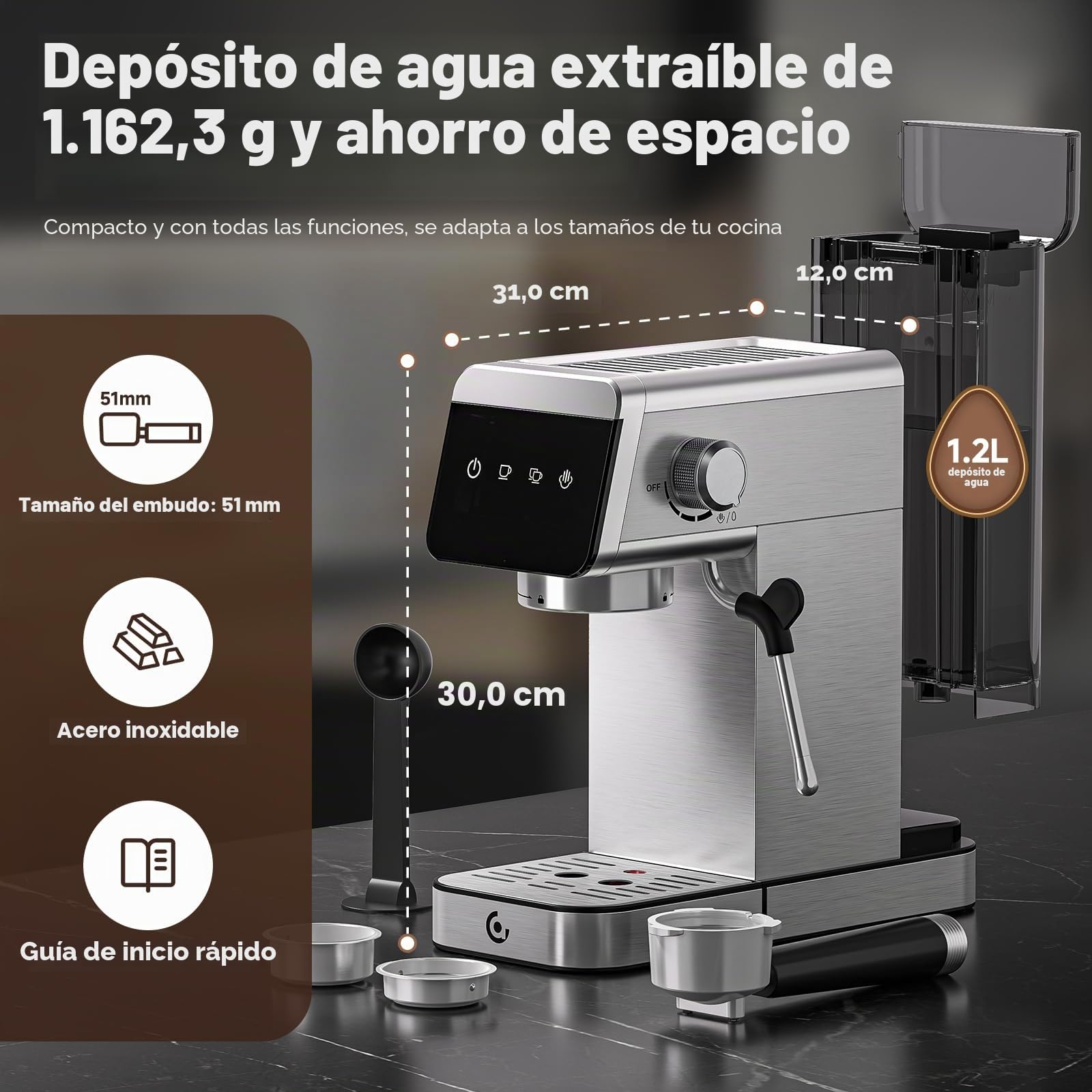 AMZCHEF Cafetera Espresso de 20 Bares con Pantalla LED Cafetera Todo en Uno con Depósito Extraíble de 1,2 Litros para Regalos del Hogar Cafetera Latte Compacta de Acero Inoxidable, 1350W