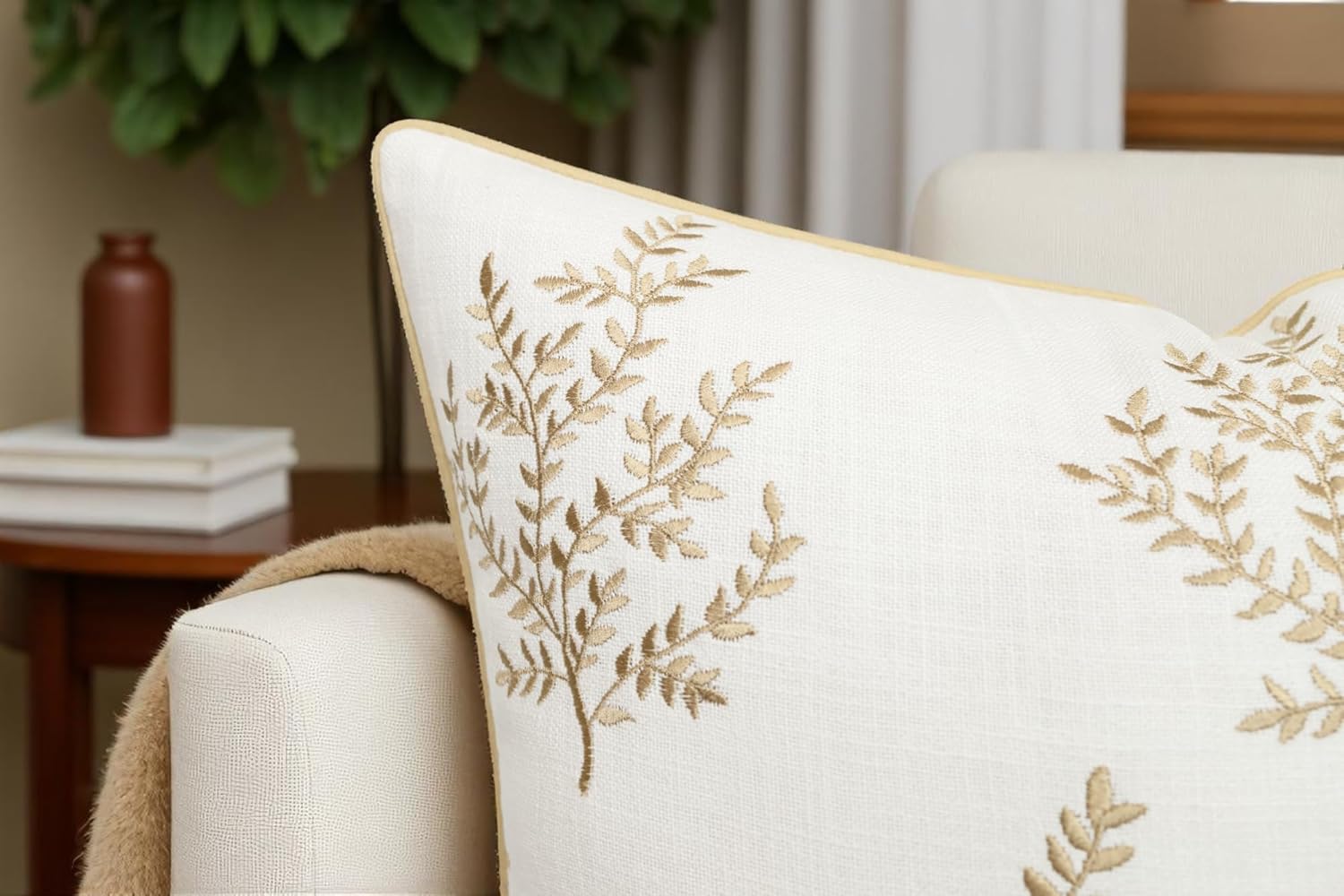 VAGMINE Embroidered Botanical Accent Pillow Cover 20x20 – Ivory Cotton Square Cushion Cover for Chair & Couch Styling – Leaves