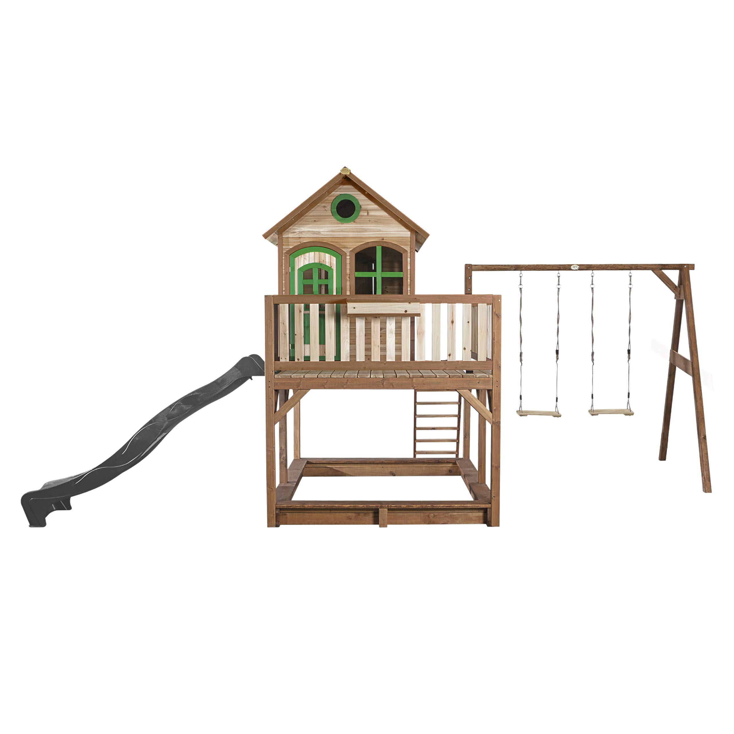 AXI Spielhaus Liam mit Sandkasten, Doppelschaukel & Grauer Rutsche | Stelzenhaus XXL in Braun & Grün aus FSC Holz für Kinder | Spielturm mit Wellenrutsche für den Garten