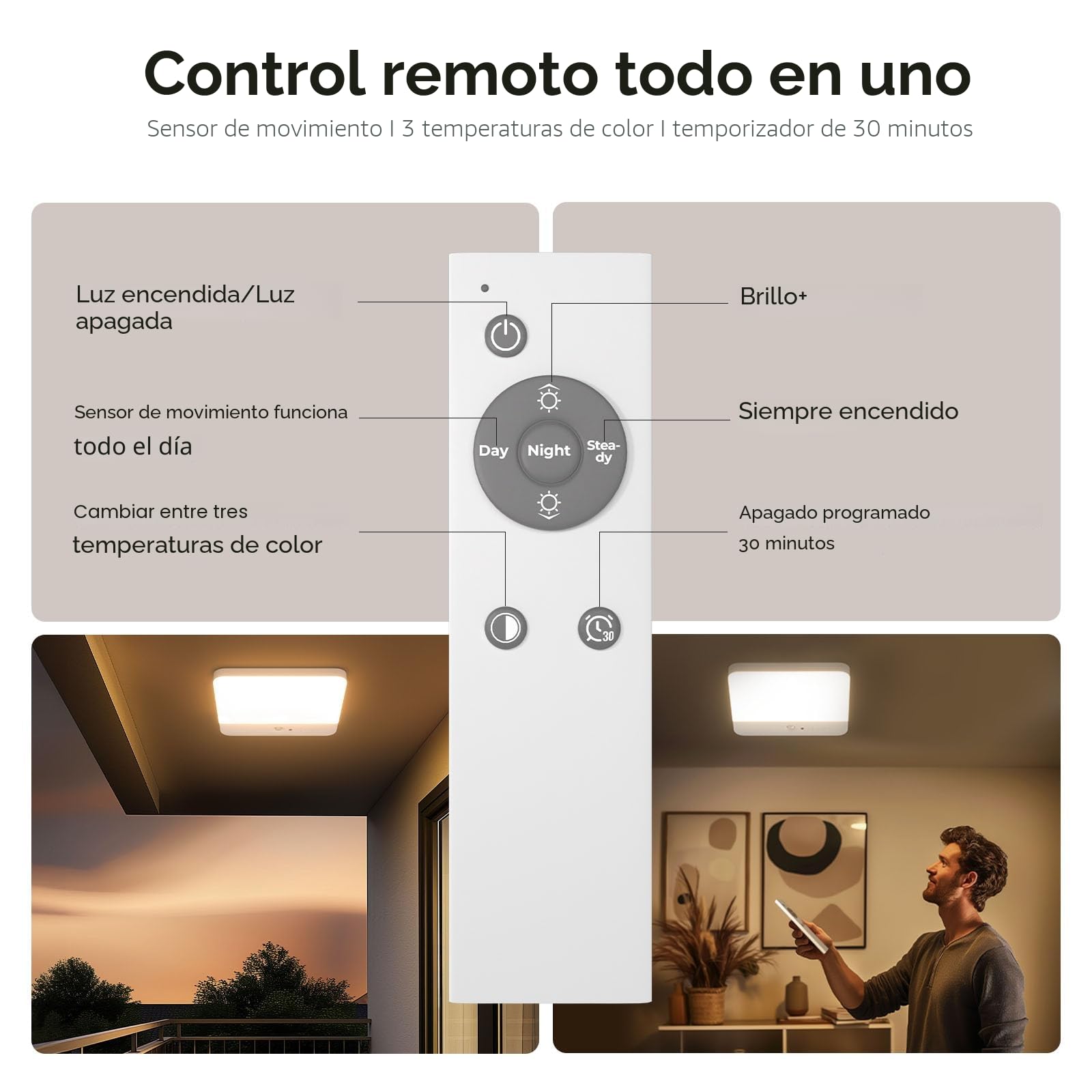 FULEN Plafon LED Techo con Sensor de Movimiento, Lampara Techo sin Cables para Baño con Batería, Luz de Ducha Recargable, Porche, Escaleras, Garaje, 3 Temperaturas de Color, Control Remoto,2 Paquetes