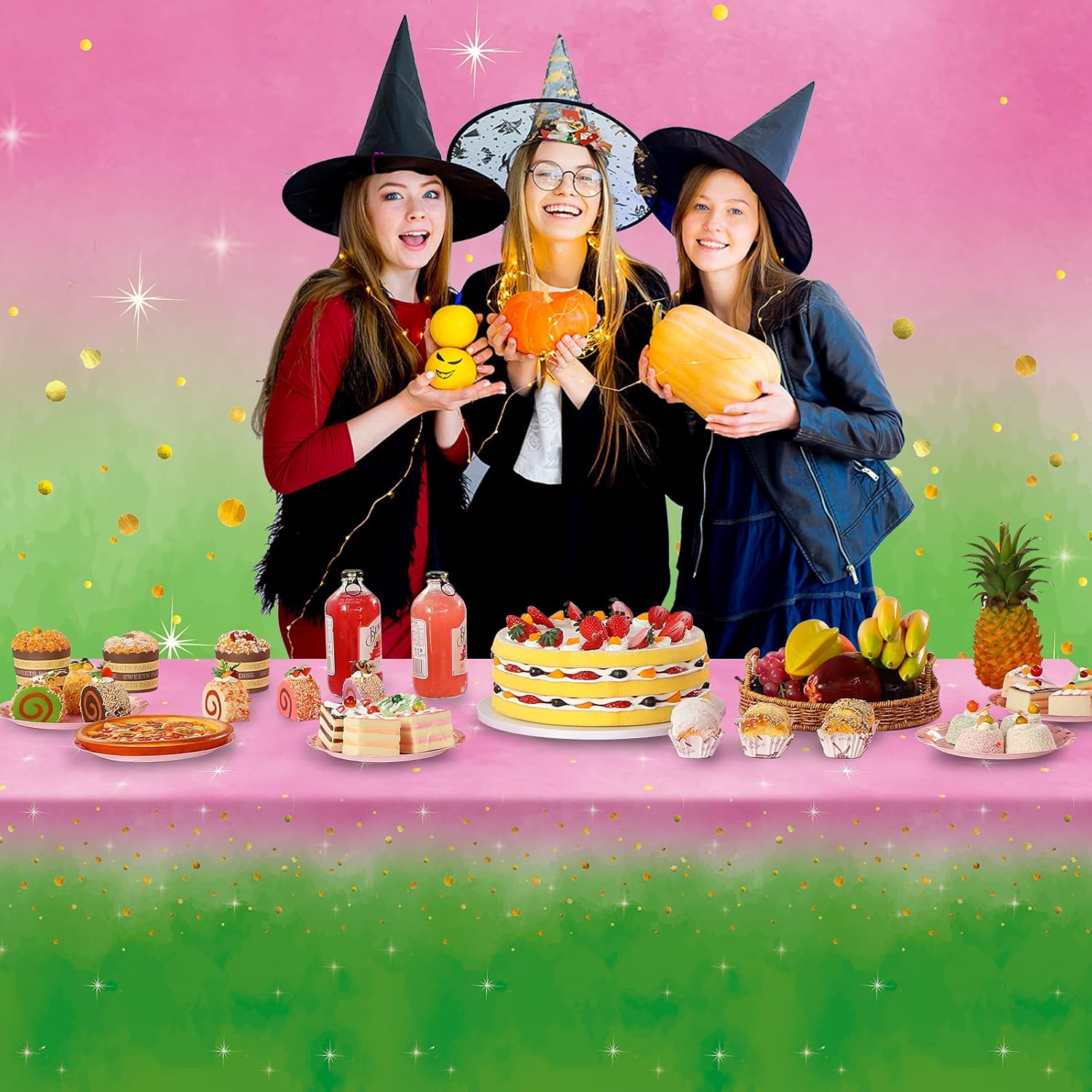 6pcs 54x108Inch Witch Party Decorations Tablecloth,Pink and Green Disposable Rectangle Plastic Table Cloth,Witch Theme Table Cover for Kids Baby Shower Wedding Birthday Party Supplies Decors image 5