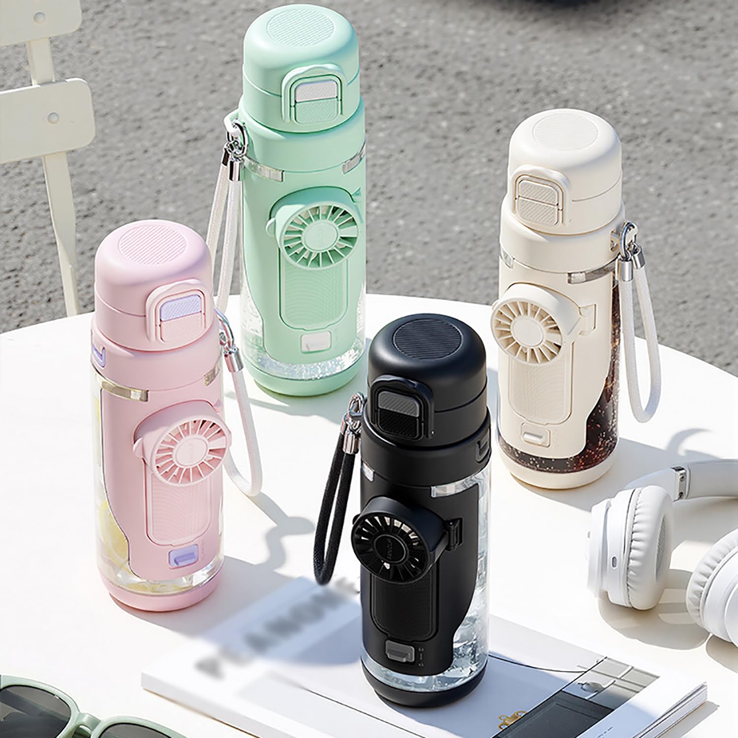 2-in-1-Wasserflasche mit eingebautem, faltbarem Ventilator, 690 ml, tragbare Dual-Trinkflasche, mit 3-Gang-Ventilator, für Reisen, Fitnessstudio, Wandern und Outdoor
