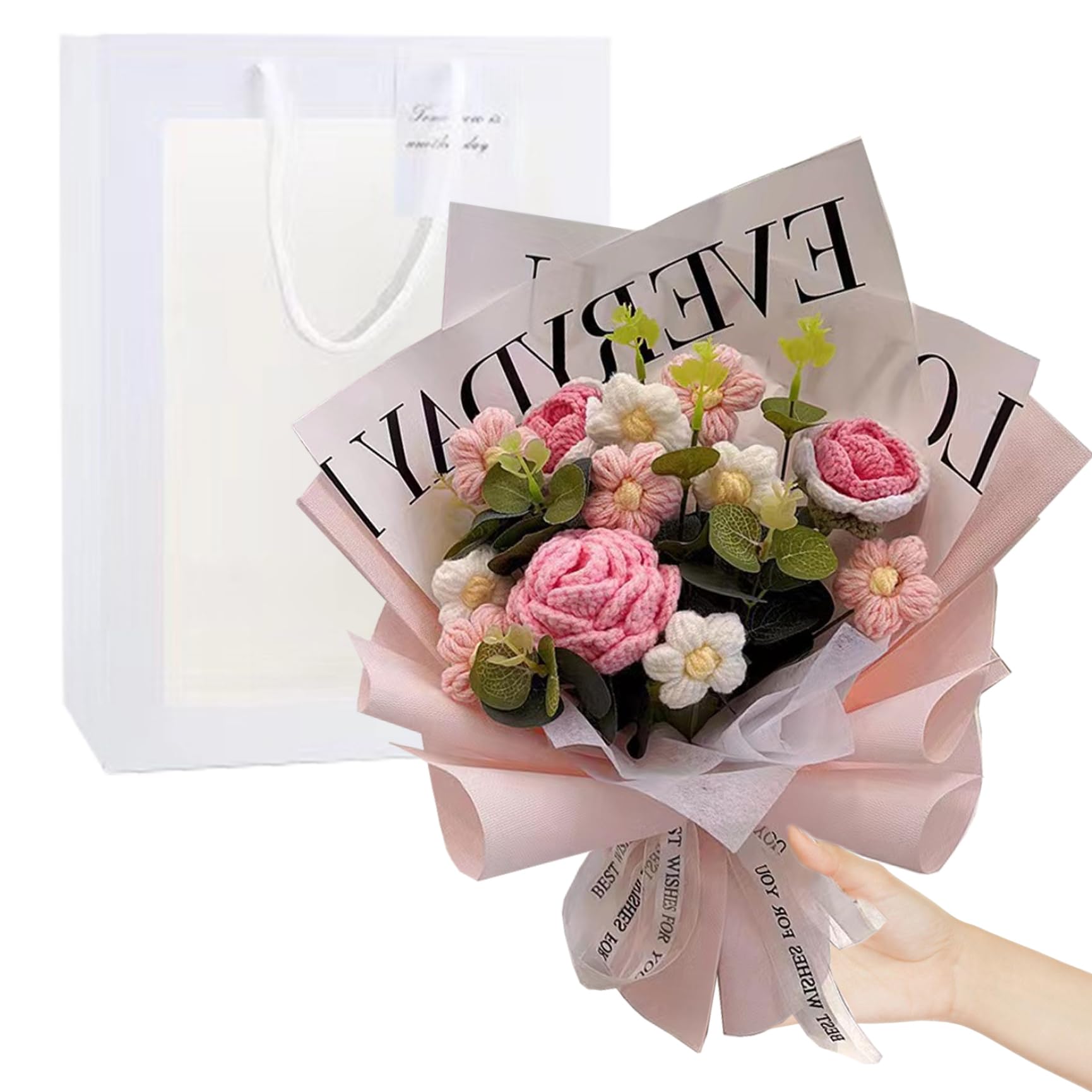 Bouquet de Fleurs au Crochet, Fleurs tricotées réalistes avec Sac pour Fête des Mères, Saint-Valentin