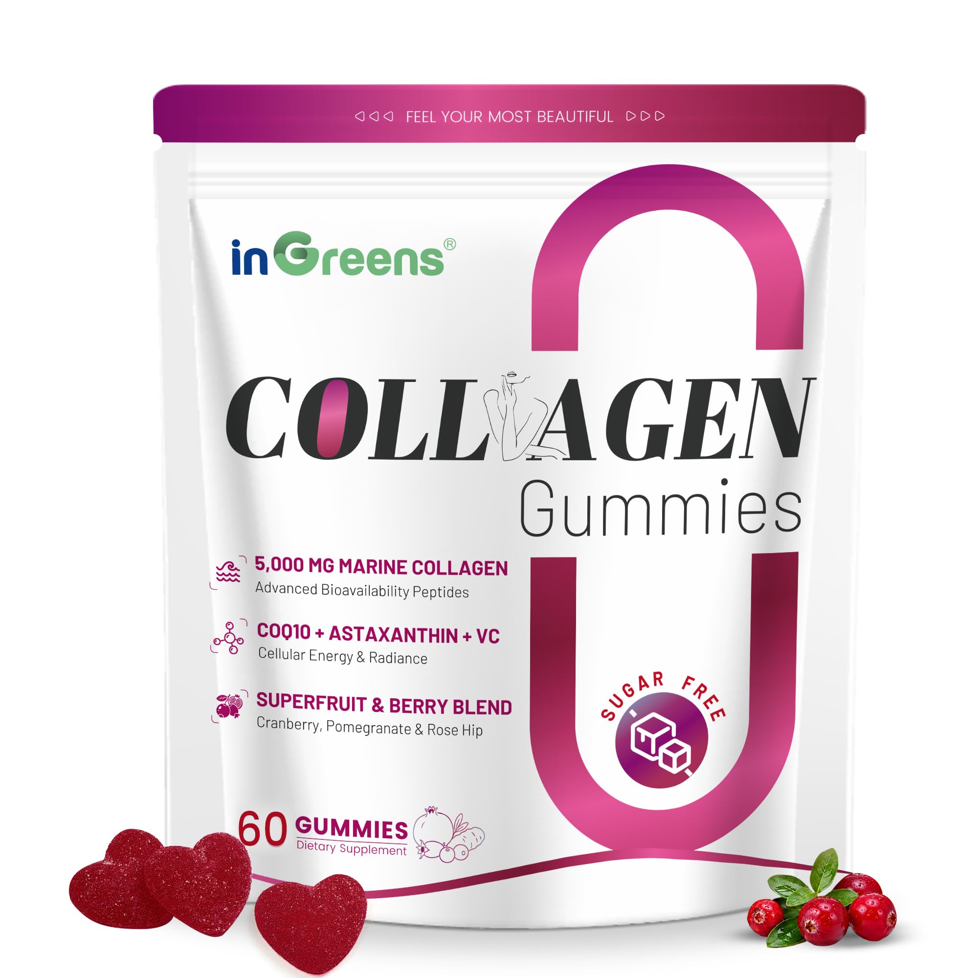 inGreens Marine Collagen Gummies Berry Flavor, 5000mg Peptide, 90 Count