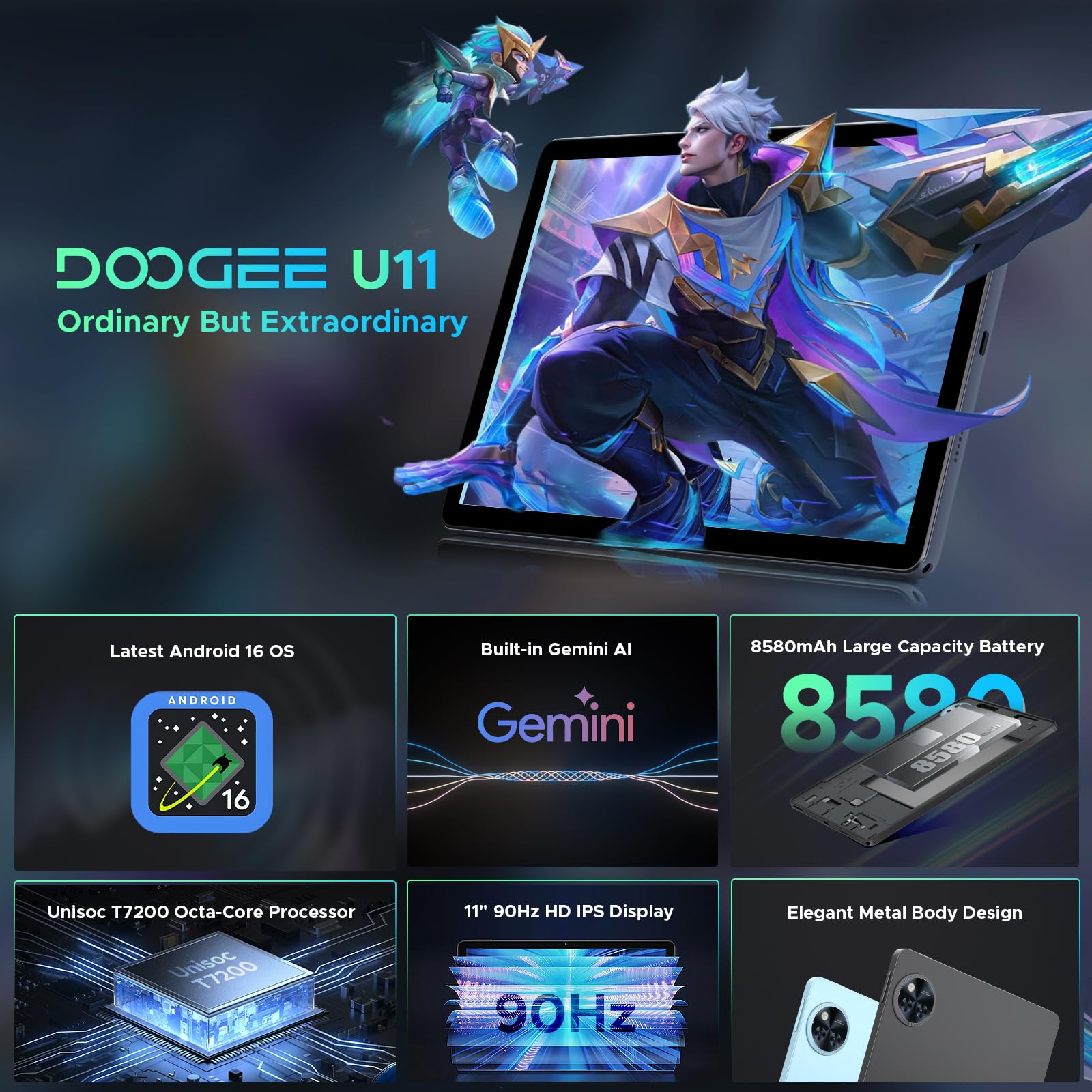 U11 Android 16 Tablet 11 Pollici, 16GB+128GB/2TB TF Tablet con Tastiera, 90Hz, 8580mAh, 7.9mm Thin, Unisoc T7200 Octa Core/13MP/Widevine L1/Face ID, Tablets con Penna & Mouse & Case - Grigio - 3