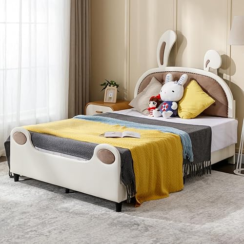 Miniatura 3 de ijuicy Marco de cama individual para niños, marco de cama tapizado de piel sintética con cabecero de orejas de conejo de terciopelo, marco de cama