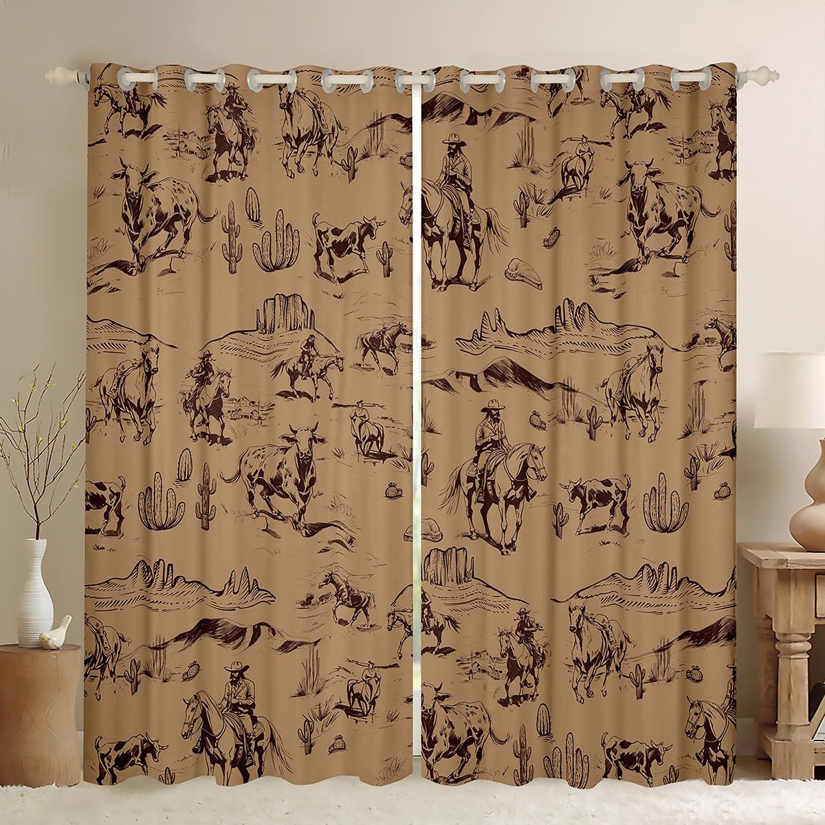 Kids Wild West Cowboy Curtains for Bedroom Living Room (2 Panels, 42 x 84 Inch) Western Decor Darkening Dreapes Boys Girls Teens Decor Rodeo Cowboy Style Blackout Curtains Brown Window Treatments