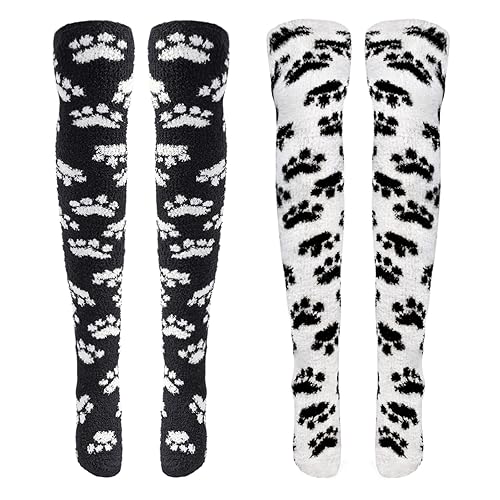 Littleforbig Cute Coral Fleece Thigh High Long Paws Pattern Socks 2 Pairs - Large - Black