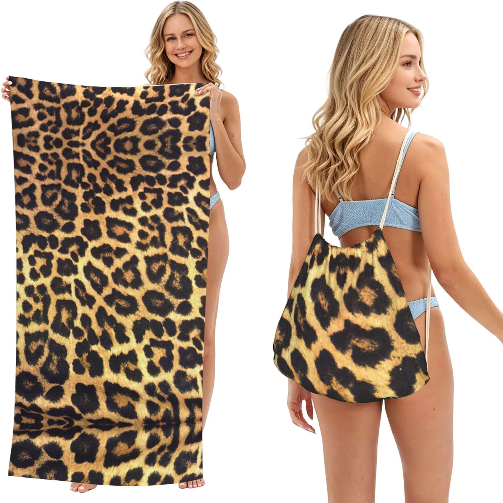 aacxzff Leopard Print Print 2 in 1 Packable Towel Bag, Drawstring Beach Towel Backpack,80x160cm for Beach trips