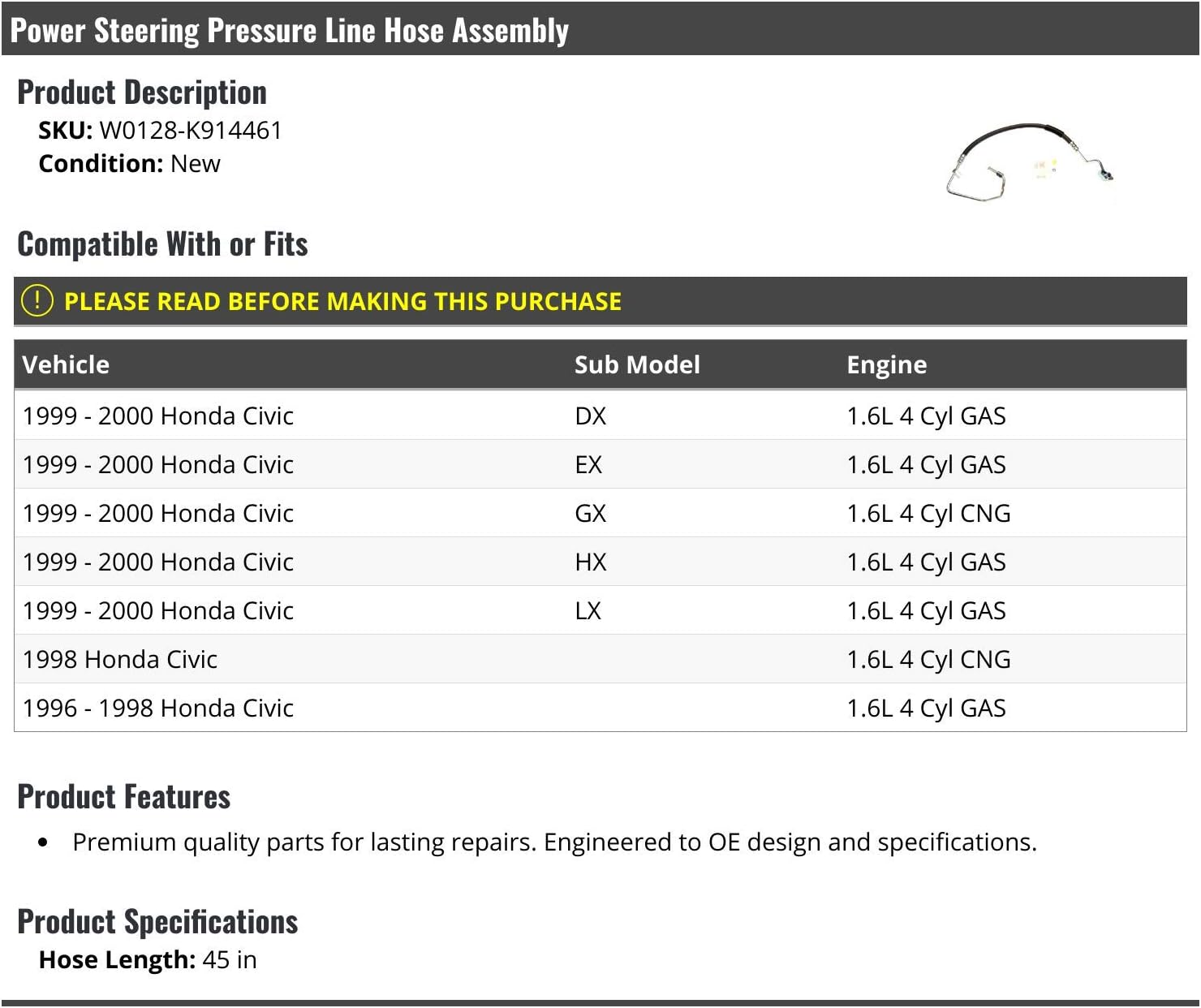 Power Steering Pressure Line Hose Assembly - 45 Inch - Compatible with 1996-2000 Honda Civic
