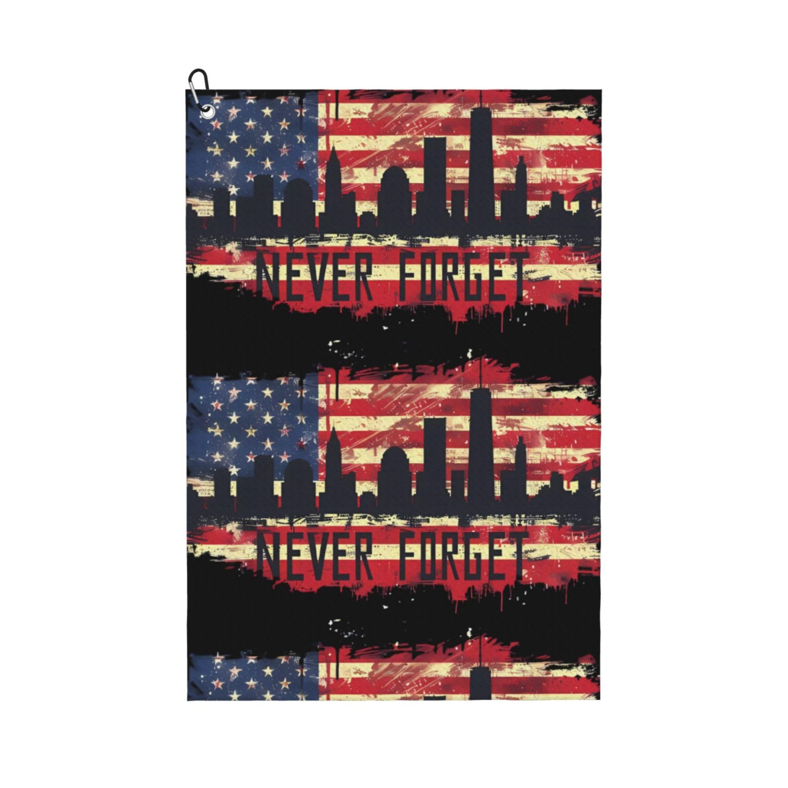 peiyeety Never Forget 911 Patriotic American Flag Microfiber Golf Towel with Carabiner Clip, 16x24 Inch Absorbent Waffle Weave Towel for Golf Bags