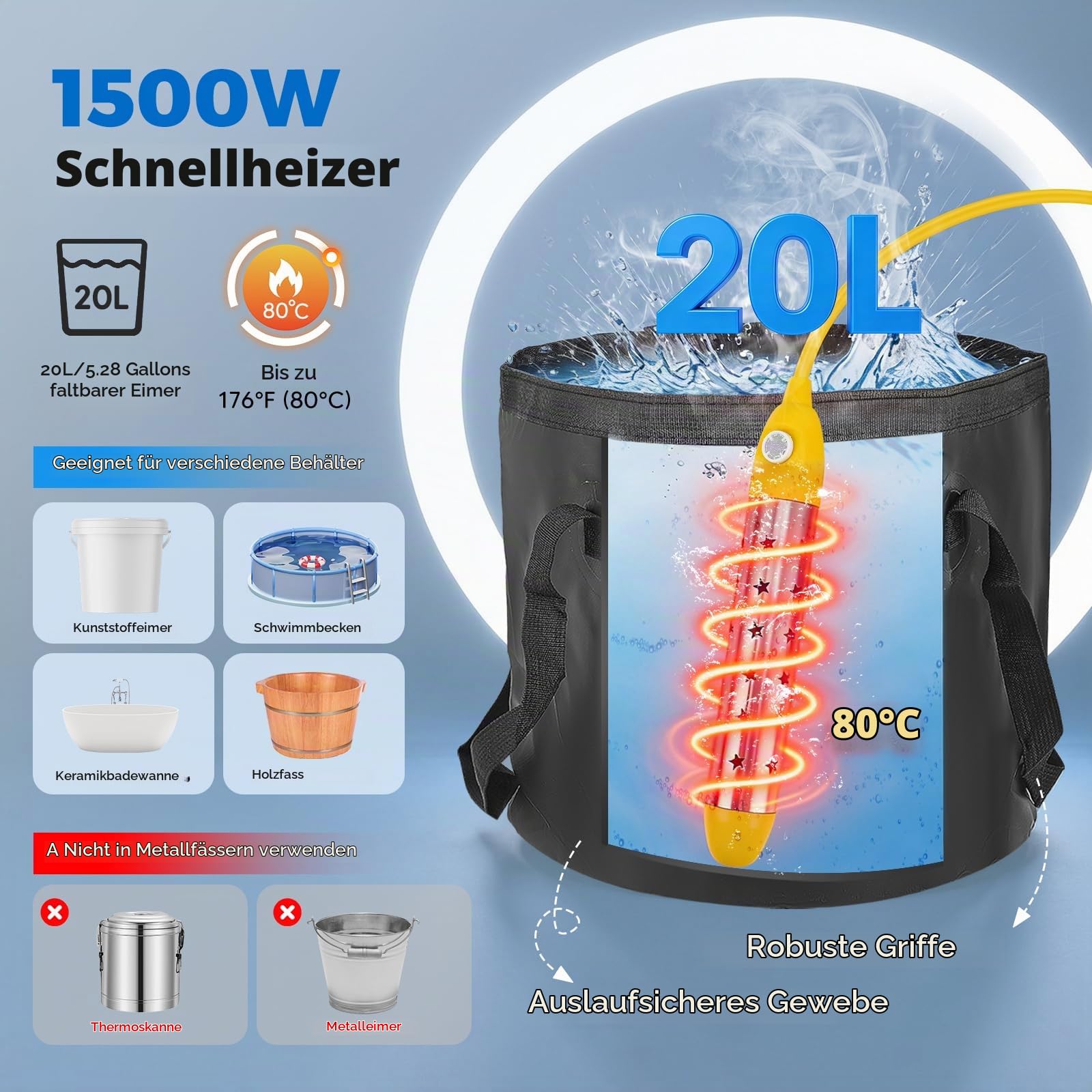 8000mAh Campingdusche & 1.5KW Warmwasserbereiter- Schnelle Erwärmung auf 176°F | digitales Display | IPX8 wasserdicht | 20L Faltbarer Wassertank, Mobile Camping Dusche mit Wasserfilter
