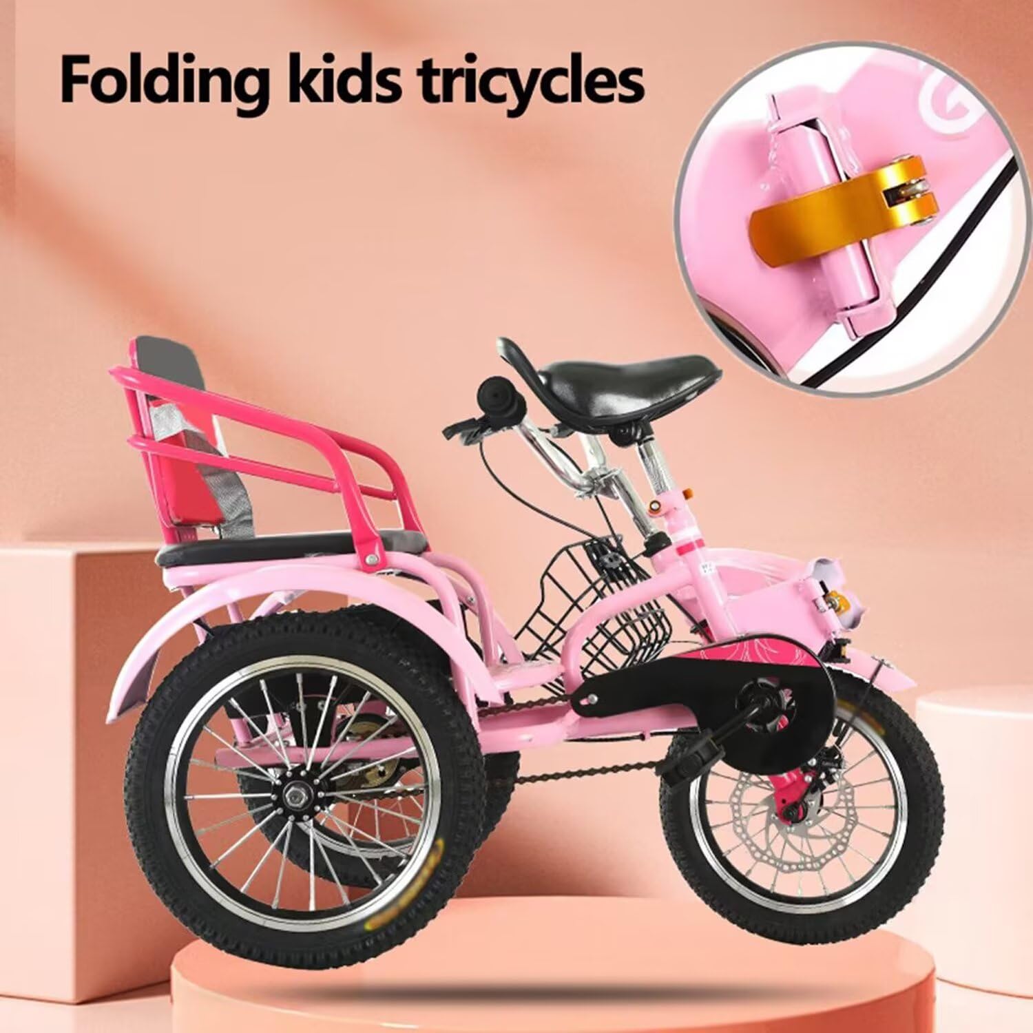 Bicicletta a tre ruote Triciclo pieghevole con sedile posteriore, doppi freni, pneumatici multicolori da 14-18 pollici(Pink,16inch)