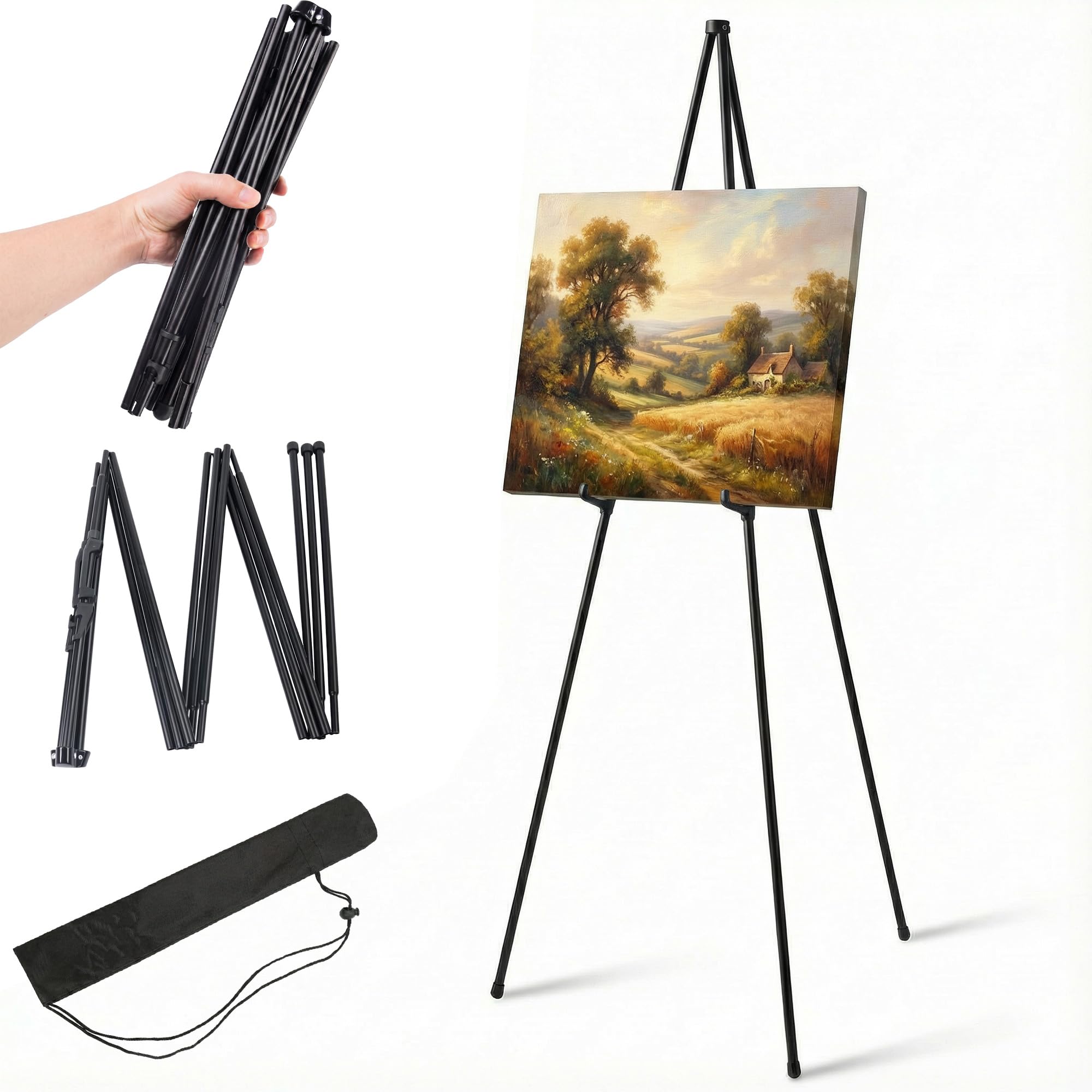 TVOOD Folding Easel Stand for Display: Black Portable Art Easel Adjustable 169cm Metal Artist Easels with Carry Bag for Painting Canvas Wedding Signs Presentations Posters