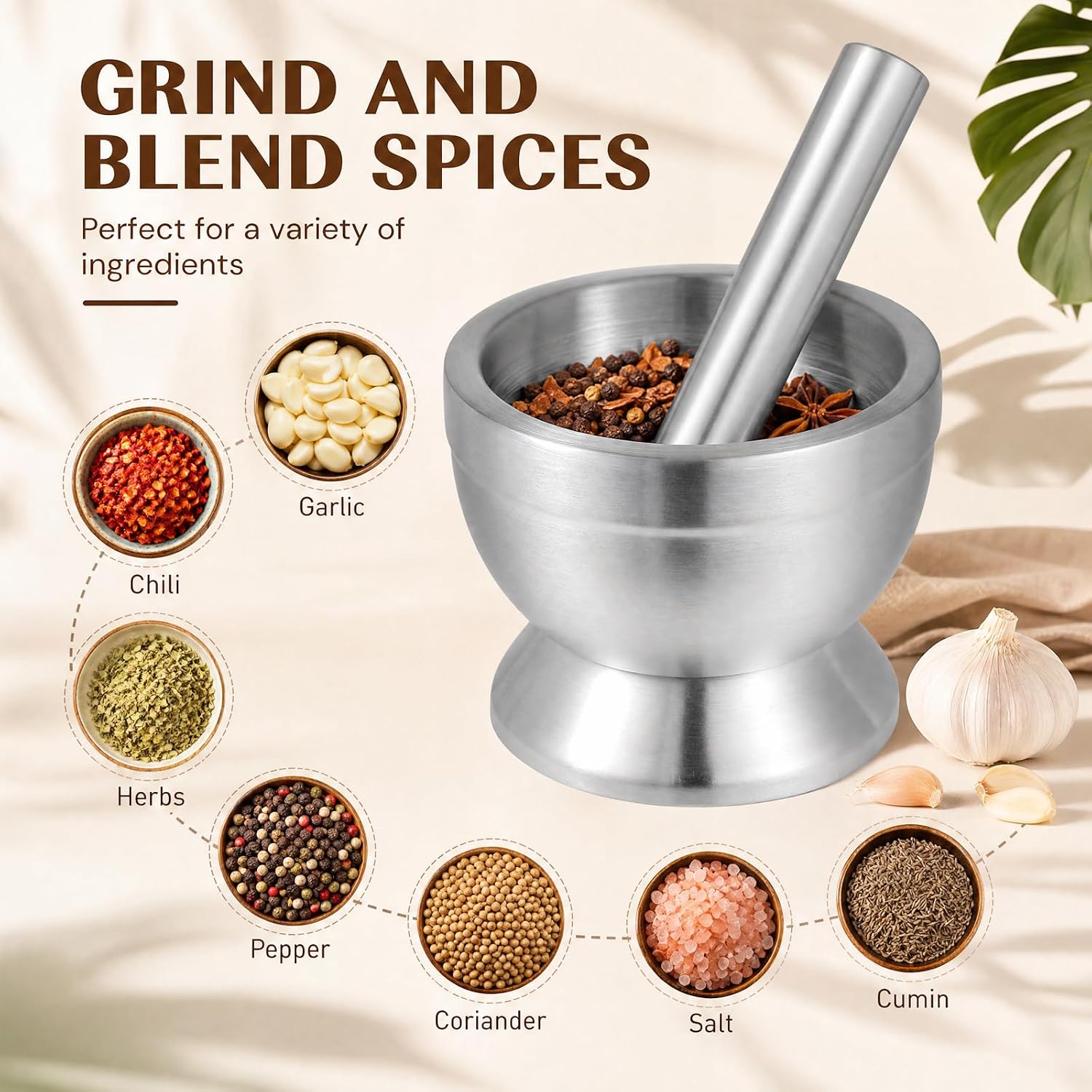 18/8 (304) Stainless Steel Mortar and Pestle Set, Non-Slip Base Spice Grinder & Pill Crusher with Garlic Peeler, Brush and Spoon,Herb Crusher,Molcajete Herb Bowl Pesto Maker for Kitchen Easy to Clean