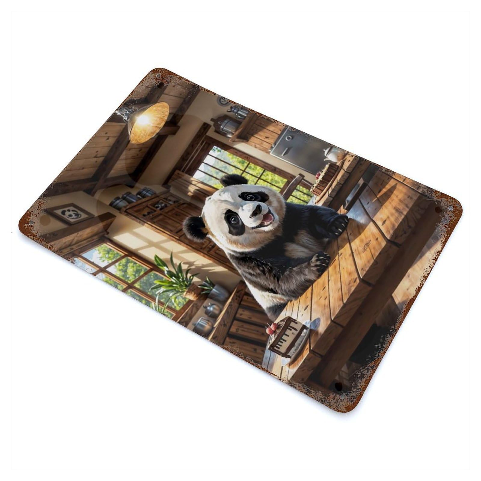 Garage Style Cute Panda with Cake Aged Metal Wall Plaque 11.8"x7.9", Farmhouse Wall Decor for Bar And Workshop