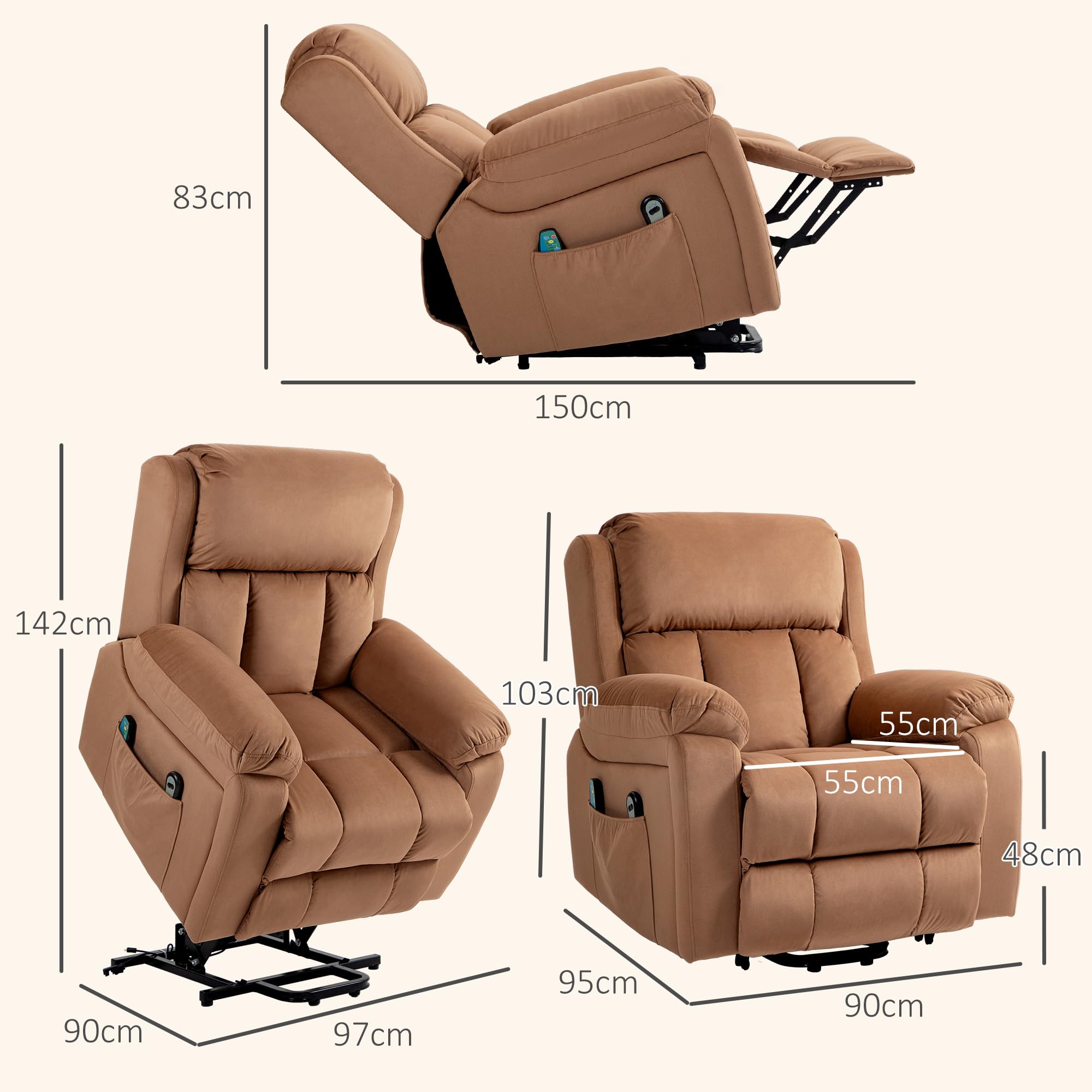 HOMCOM Sillón Relax Reclinable Eléctrico Levanta Personas, con Masaje Vibratorio y Calor, Sillón Elevador, con Control Remoto, Reposapiés, Tapizado en Cuero Sintético, Bolsillos, Marrón
