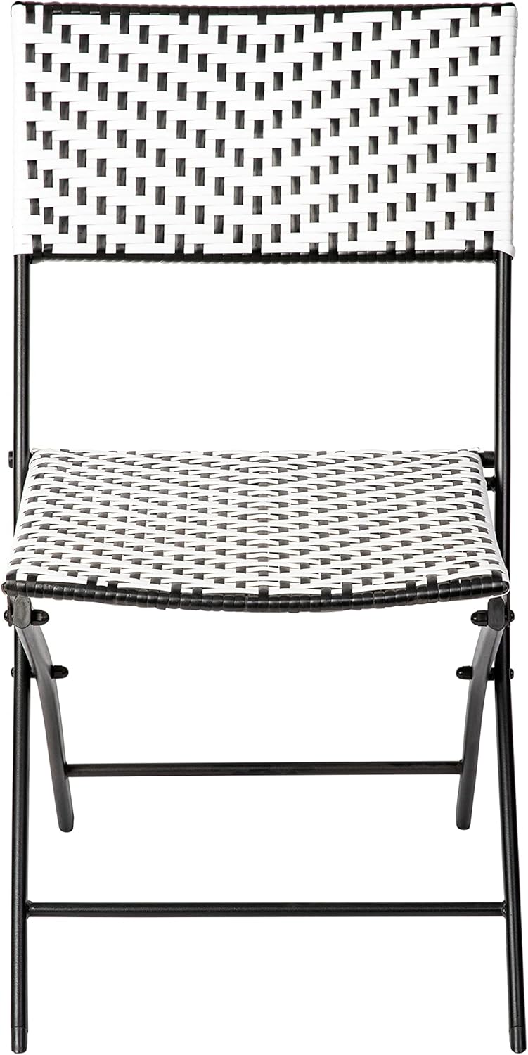 EMMA + OLIVER Ciel Two Piece Folding Bistro Chairs - Black and White PE Rattan - Black Metal Frames - Indoor/Outdoor Use