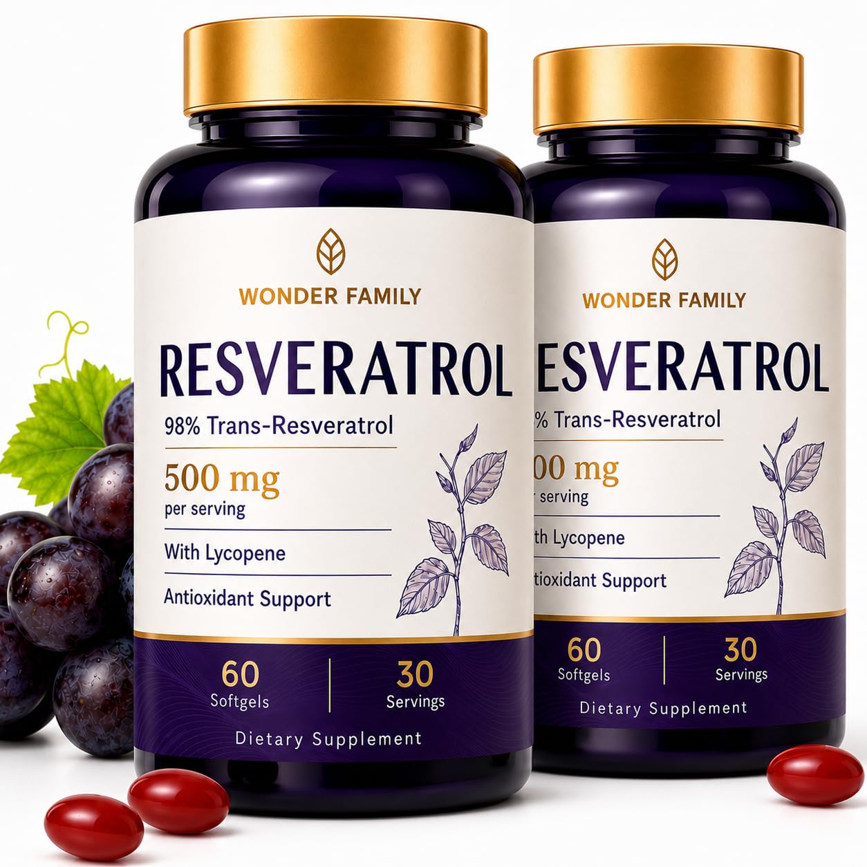WONDER FAMILY Resveratrol Supplement 500mg, 98% Trans-Resveratrol from Japanese Knotweed, Vegan Antioxidant Capsules for Daily Wellness, Non-GMO, Gluten-Free - 120 Softgels 60 Count (Pack of 2)