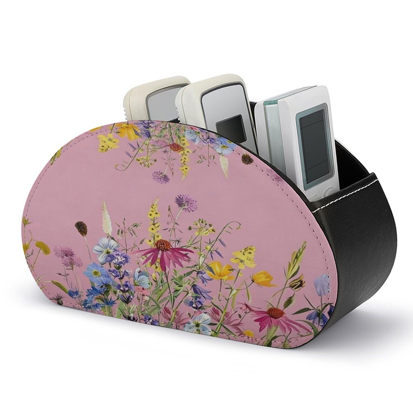 Btcowzrv Style Pink Background Wildflower Border Remote Control Holder With 5 Compartments