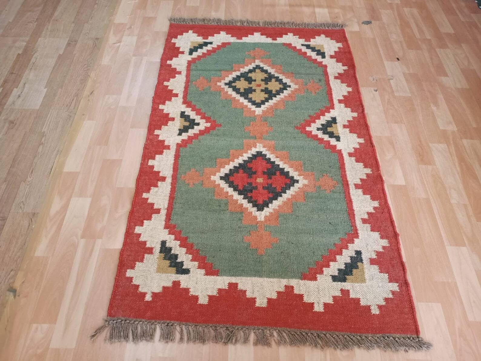 Kilim Style Tapis en jute en laine – Tapis tissé à la main, durable et respectueux de l'environnement (200 × 300 cm)