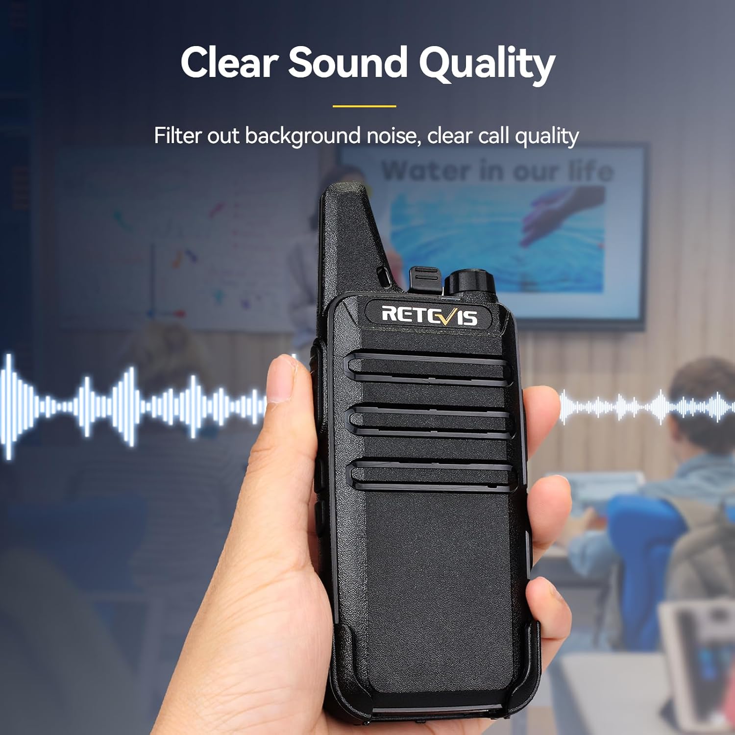 Graphic depicting sound waves being filtered, illustrating the clear sound quality of the Retevis RT622 radio.