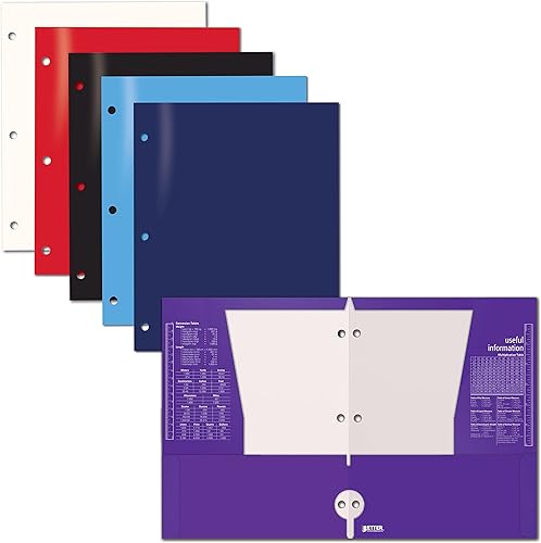 Better Office Products - Carpetas de papel laminado brillante de 4 bolsillos (paquete de 6), portafolios de 3 perforaciones, colores surtidos,