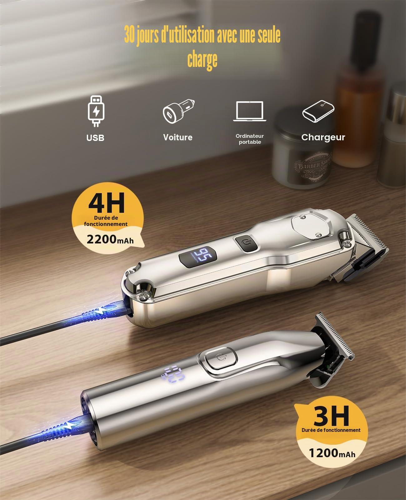 Romanda Tondeuse cheveux professionnelle， tondeuse à cheveux sans fil pour hommes, 1*tondeuse cheveux 1*tondeuse barbe, affichage LED, tondeuse rechargeable 2000mah (Gris)