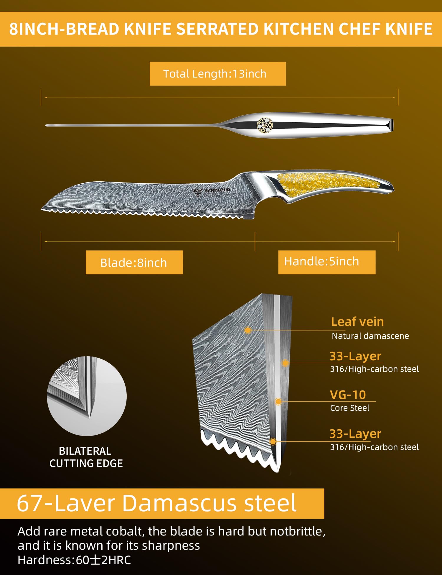 Cuchillo dentado para pan de 20cm, cuchillo de cocina japonés de acero de Damasco VG-10, cuchillo para cortar pan ultra afilado con mango de espiga completa en resina amarilla, serie LA-S9