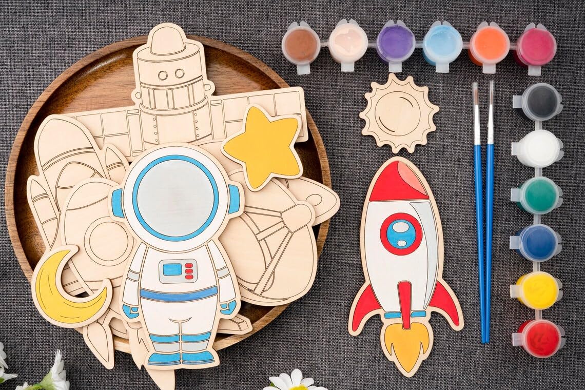 American Elm Set of 10 DIY Wooden Space Astronaut Painting Kit for Kids -  Creative Wooden Toys DIY Craft Unfinished Space Figures DIY Wooden Crafts  ...