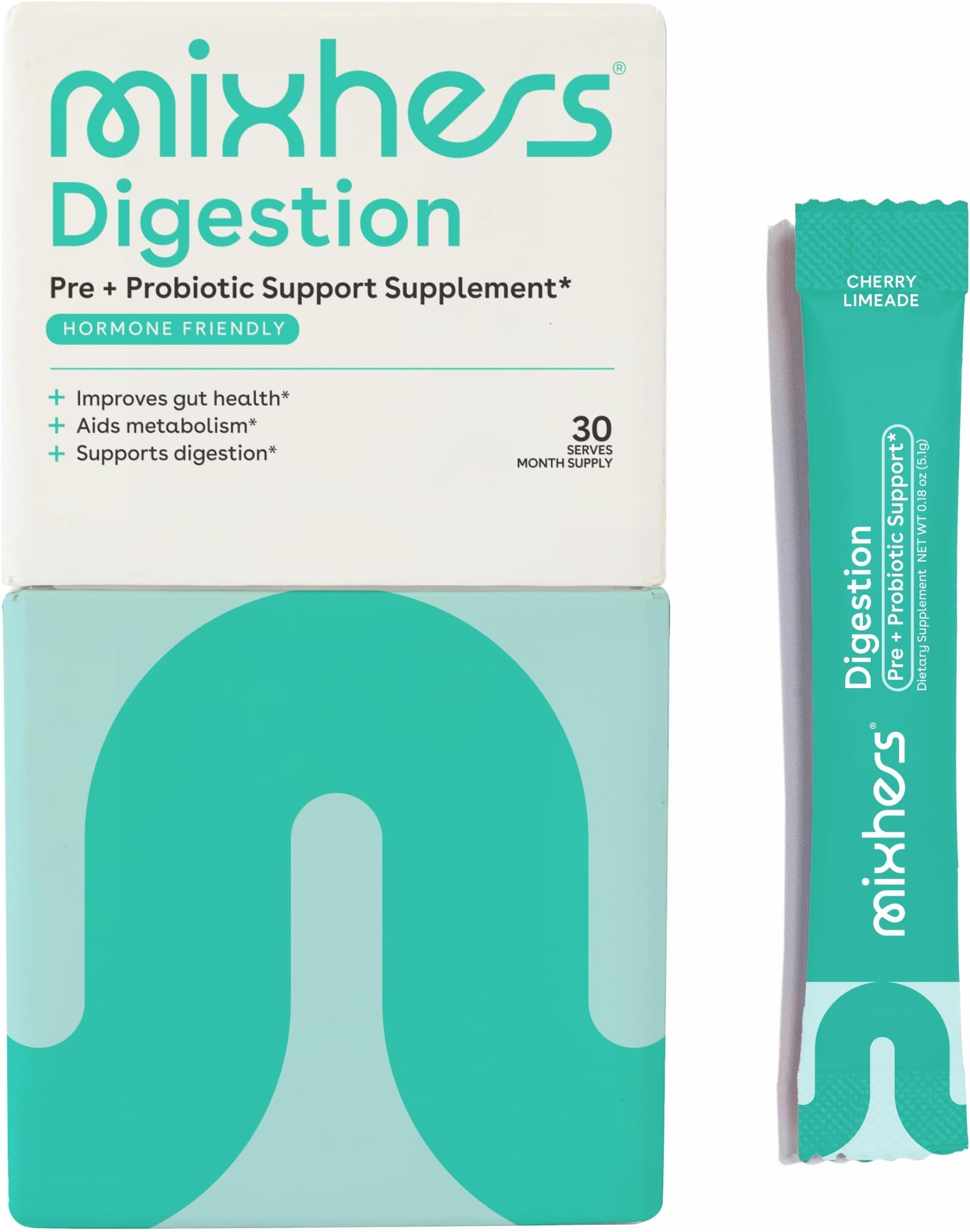 Mixhers Digestion - Gut Health Supplement - For Metabolism, Digestion & Detox - Prebiotics & Postbiotics Drink Mix - With Bacillus Coagulans & L-Glutamine - 30 Packets - Cherry Limeade