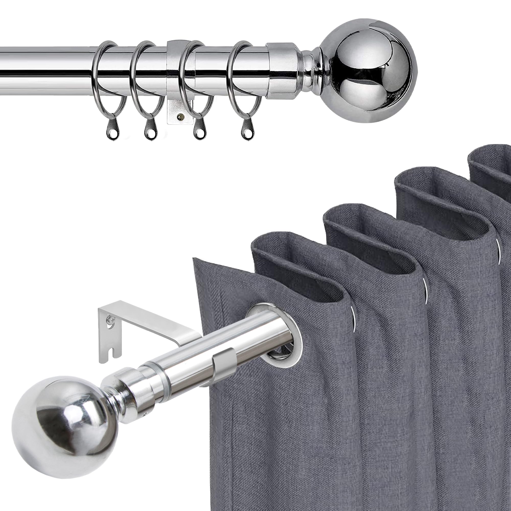 BedLooms Extendable Curtain Poles for Eyelet Curtains 70x120cm Chrome Curtain Pole - Includes Curtain Rod Finials, Hooks, Rings and Fitting Set