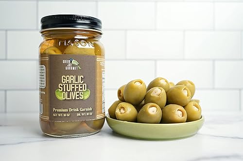 Vista 3 de Green Jay Gourmet Aceitunas rellenas de ajo - Aceitunas verdes rellenas para recetas de guarnición de cóctel y tabla de queso - Aceitunas de Martini