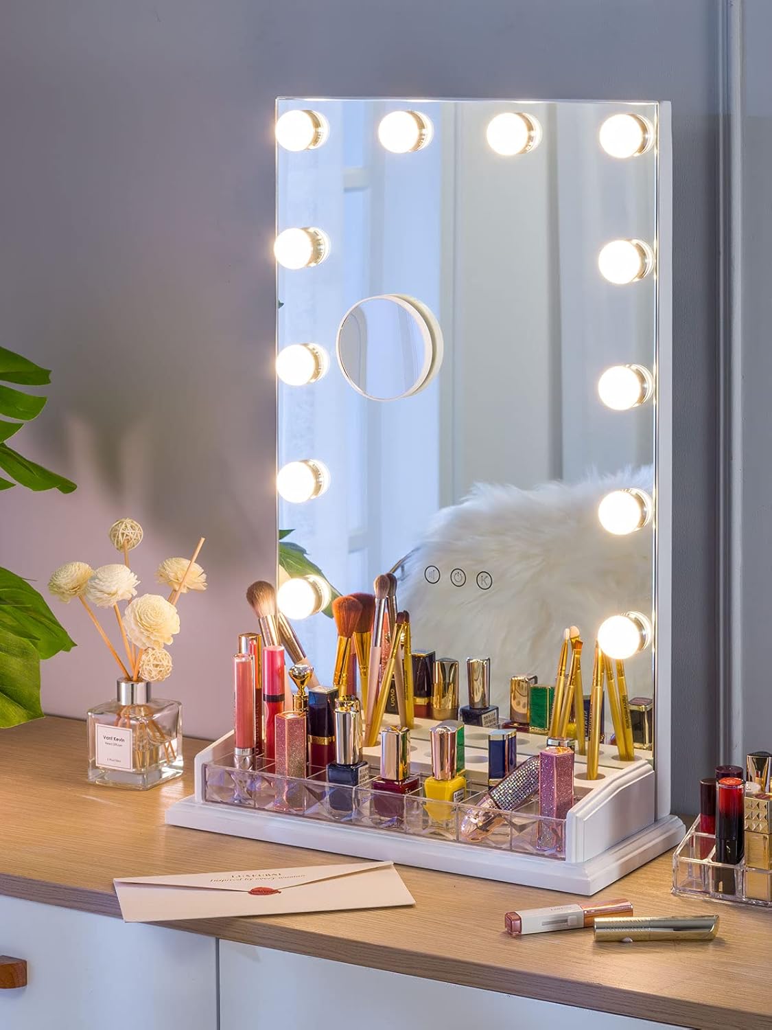 Buy 1 get 1 LUXFURNI Vanity Table Makeup Hollywood Mirror Dimmable Light Touch Control 12 Cold/ Warm LED Lights, Makeup Organizer Brush Holder Black Friday - 60% OFF LUXFURNI Vanity Table Makeup Hollywood Mirror Dimmable Light Touch Control 12 Cold/ Warm LED Lights, Makeup Organizer Brush Holder
