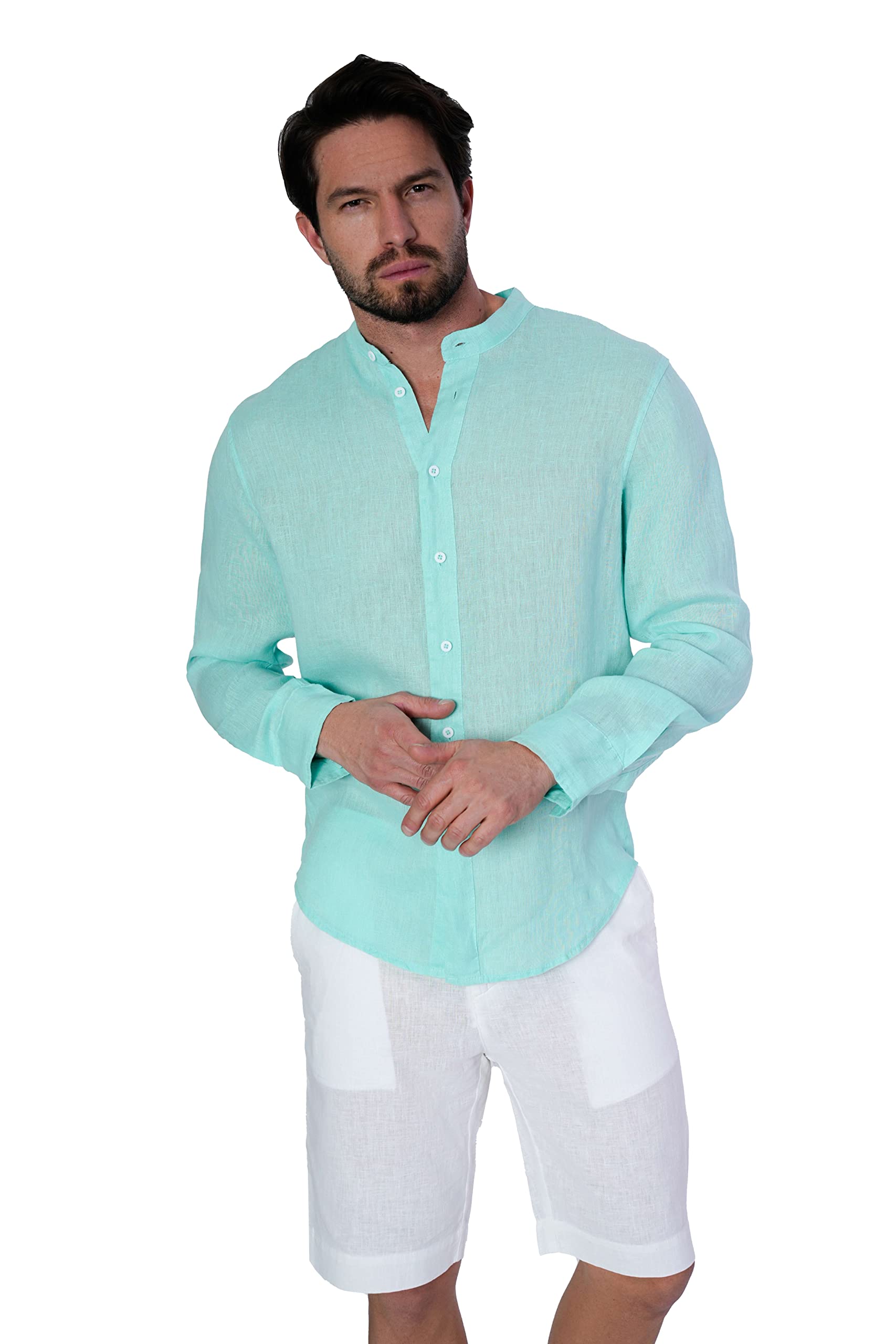 1st American Camisa de Lino para Hombre de Manga Larga Slim Fit – 100% Puro Lino – Elegante Cuello Coreano con Botones, Fabricada en Italia (TG. S-XXXL)