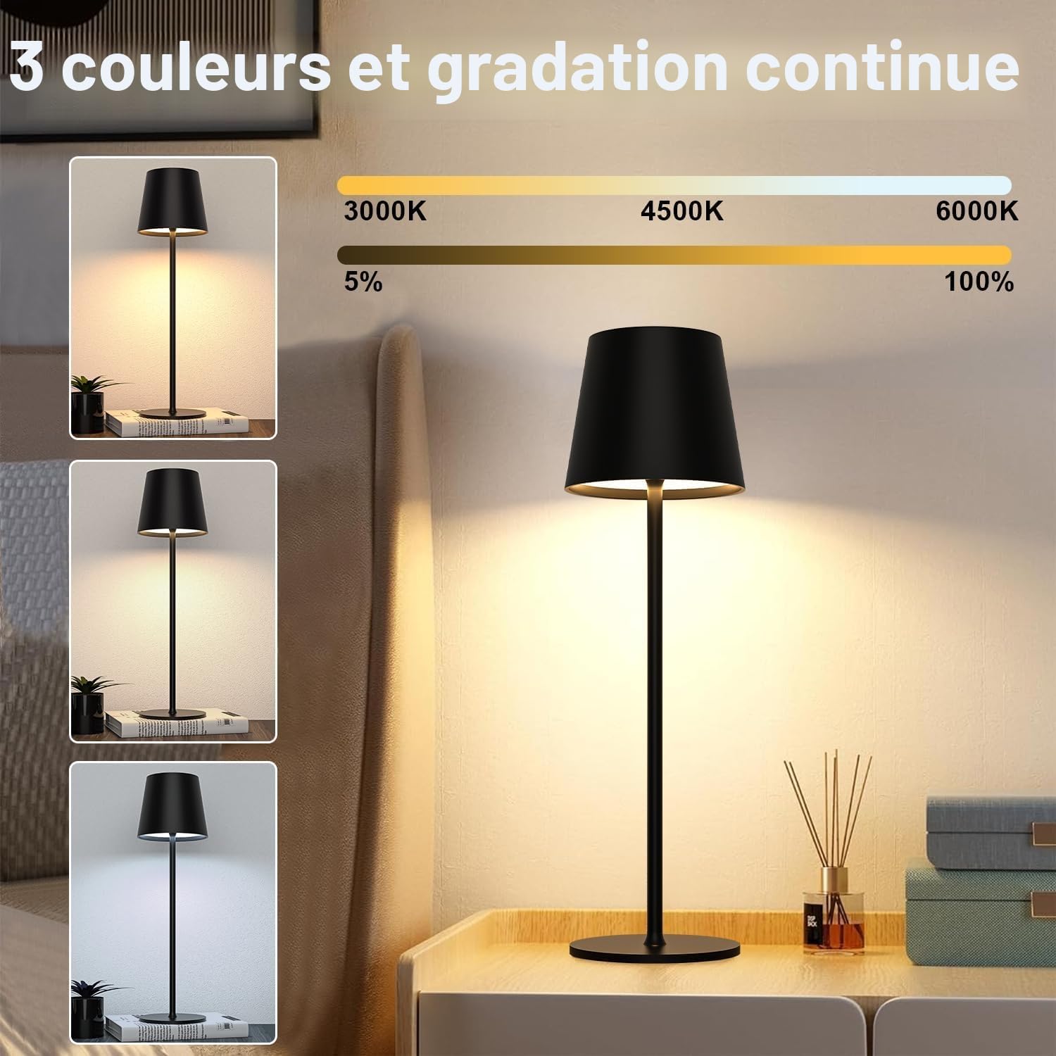 Lampe de Table à Batterie LED Dimmable, Lampe de Table Sans Fil Tactile avec USB-C, Lampe de Bureau à Batterie Rechargeable LED en Métal pour Extérieur et Intérieur, Aluminium, IP44, 5600mah, 5W, Noir