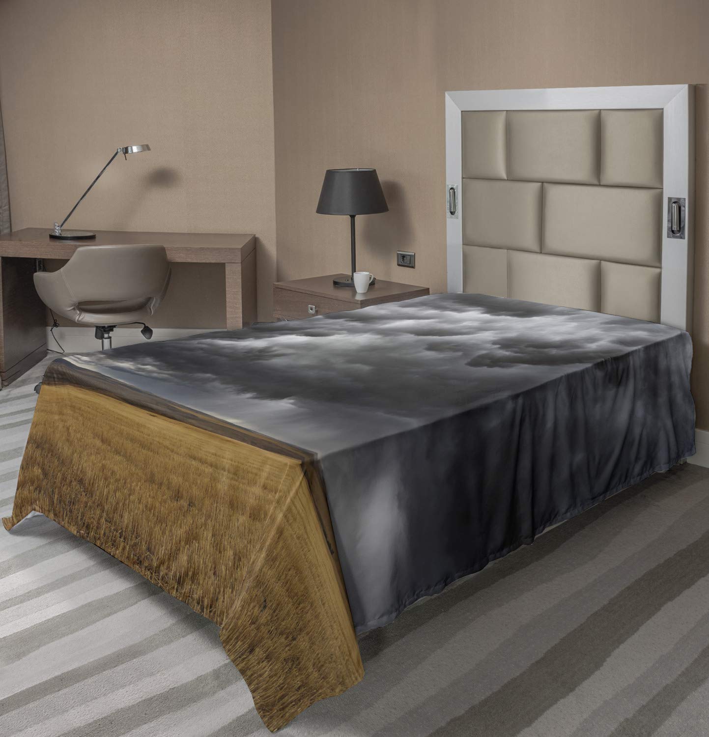 Lunarable Landscape Flat Sheet, Thunderstorm Above The Fields Tornado Hurricane Image Weather Modern Country, Soft Comfortable Top Sheet Decorative Bedding 1 Piece, Twin Size, Yellow Grey