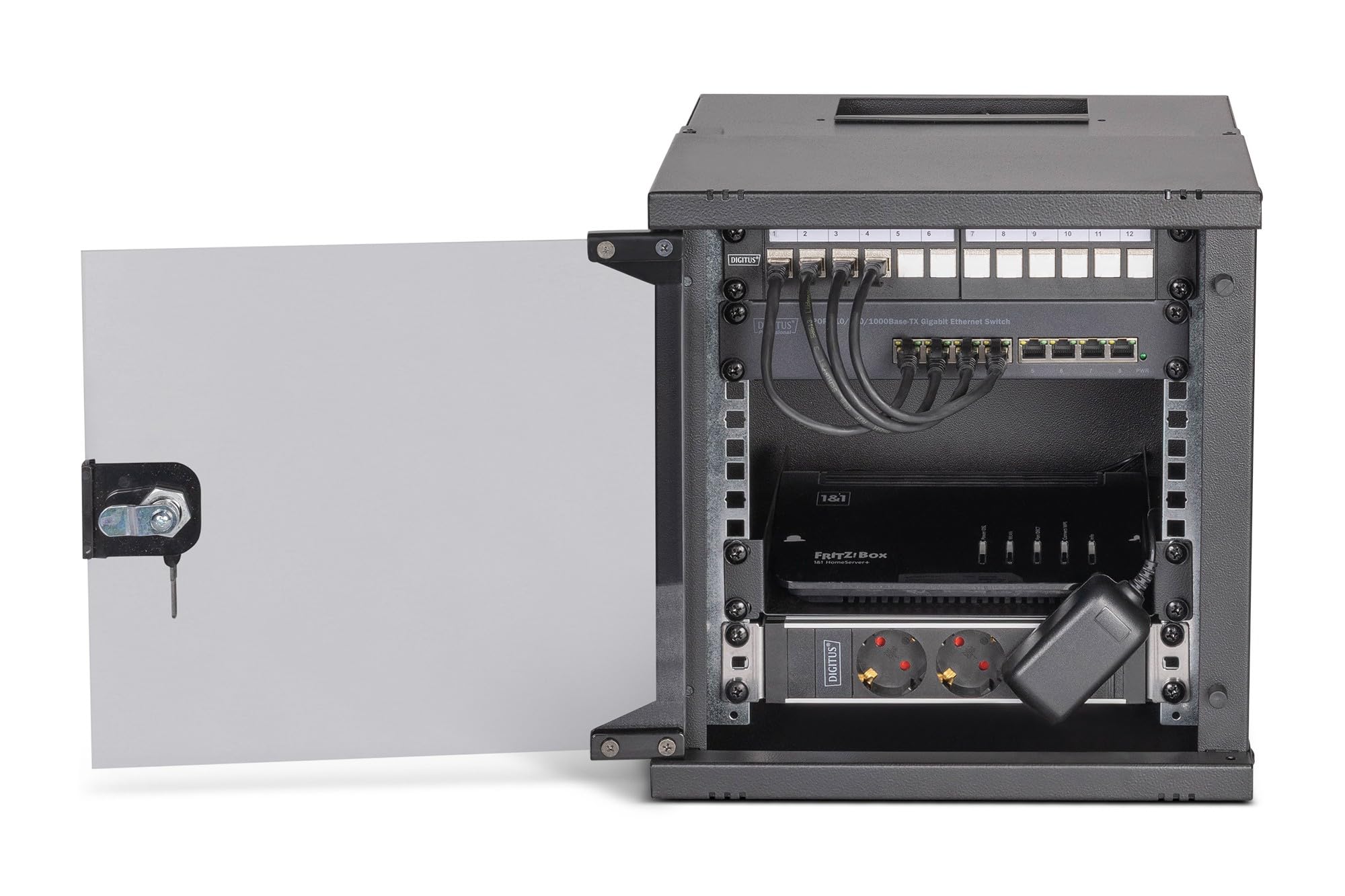 DIGITUS Zestaw sieciowy 10 cali – Szafa sieciowa 6U – Półka – Listwa zasilająca – Przełącznik 8-port – Patch panel 12-port – 12 modułów Keystone – 10 kabli patch – Niezmontowany – SOHO Pro – Czarny