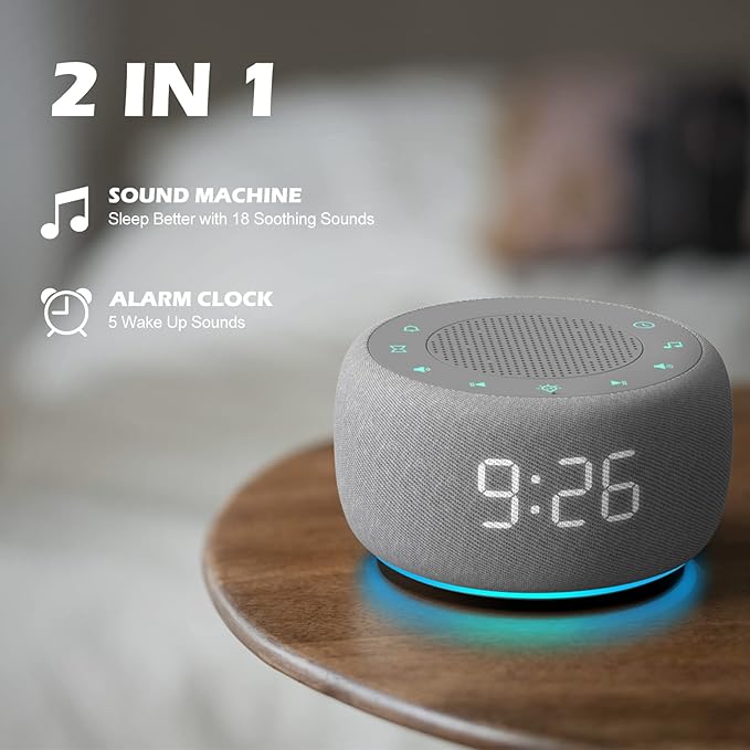 Buffbee Sound Machine & Alarm Clock 2-in-1, 18 Soothing Sound, 7 Night Light