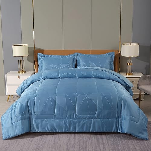 Miniatura 1 de Beyeutao Juego de edredón de satén jacquard tamaño King, funda de edredón 2 en 1, juego de ropa de cama jacquard azul, diseño de cachemira damasco,