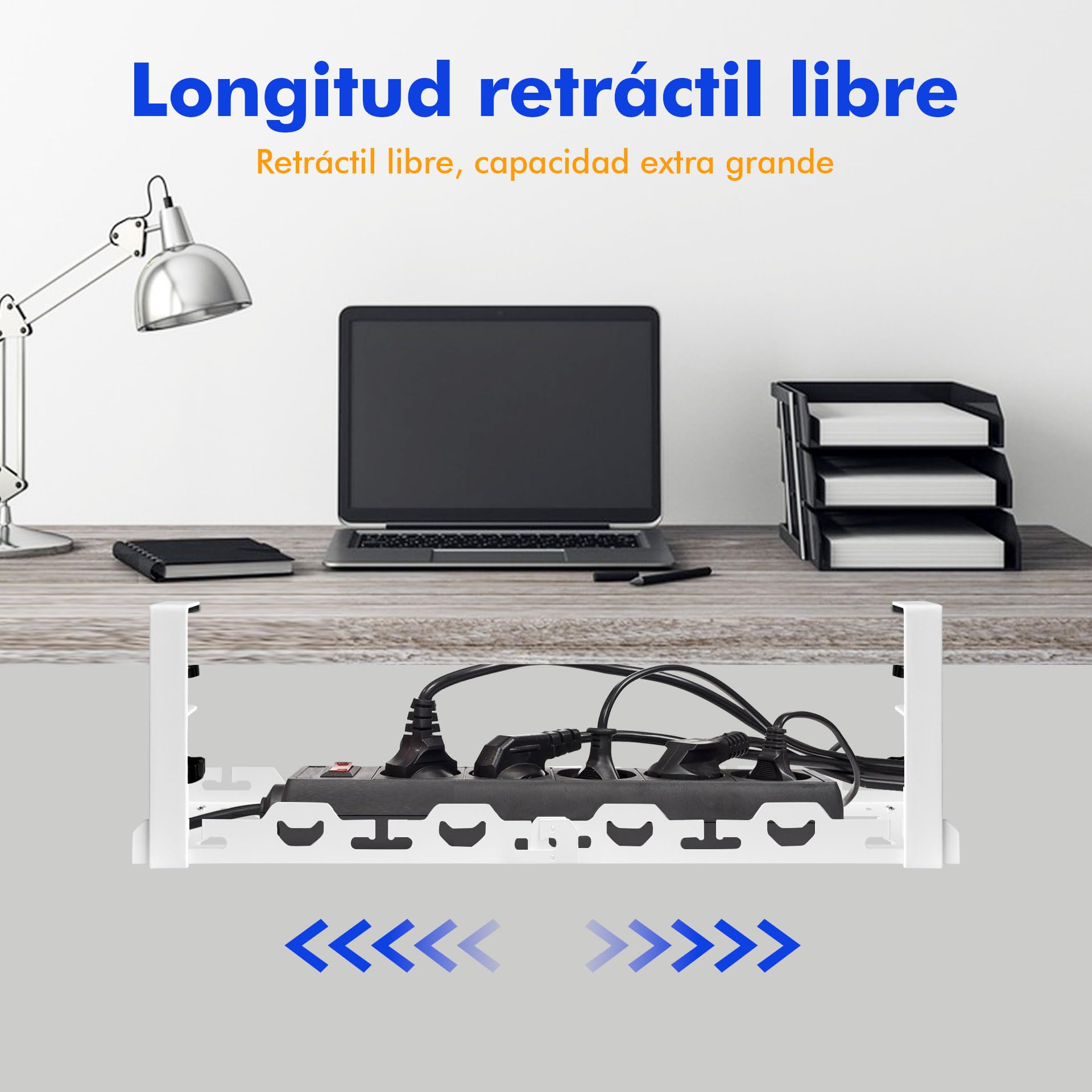 Mimoke Cesta de gestión de Cables Ajustable, sin perforación, Almacenamiento Pesado, Extensible de 40 a 74 cm, Capacidad hasta 15 kg, diseño ventilado, Adecuado para Oficina, Blanco