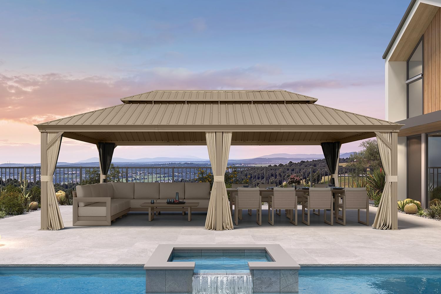 PURPLELEAF 14x24 Champagne Hardtop Gazebo: Galvanized Steel Double Roof, Reinforced Posts, Curtains & Netting for Patio Deck